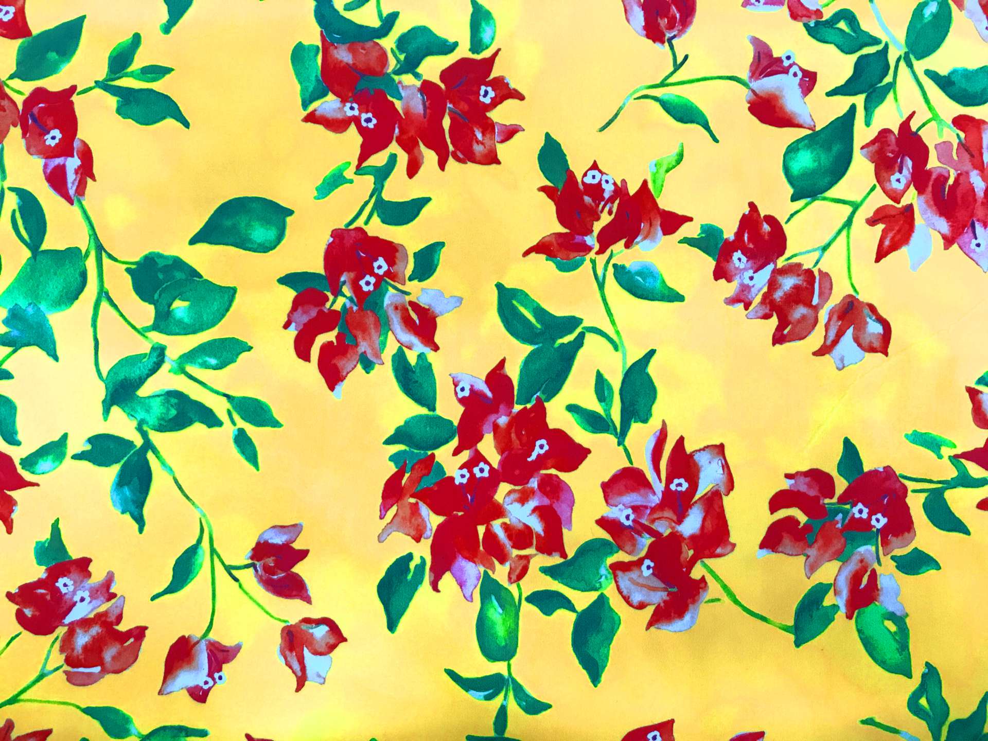 bright yellow, red, green floral cotton and lycra print 