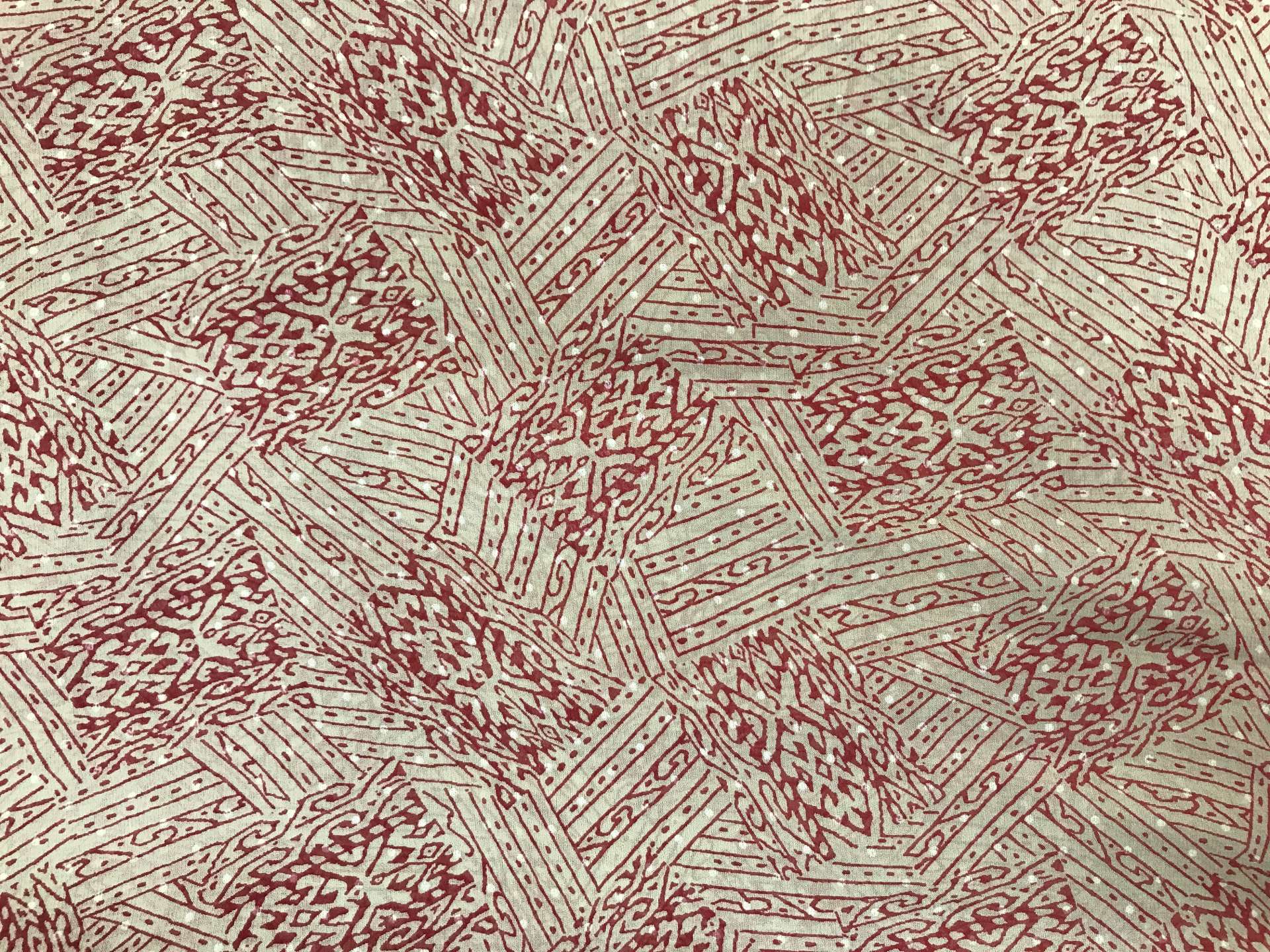 taupe printed silk chiffon with red abstract patterns