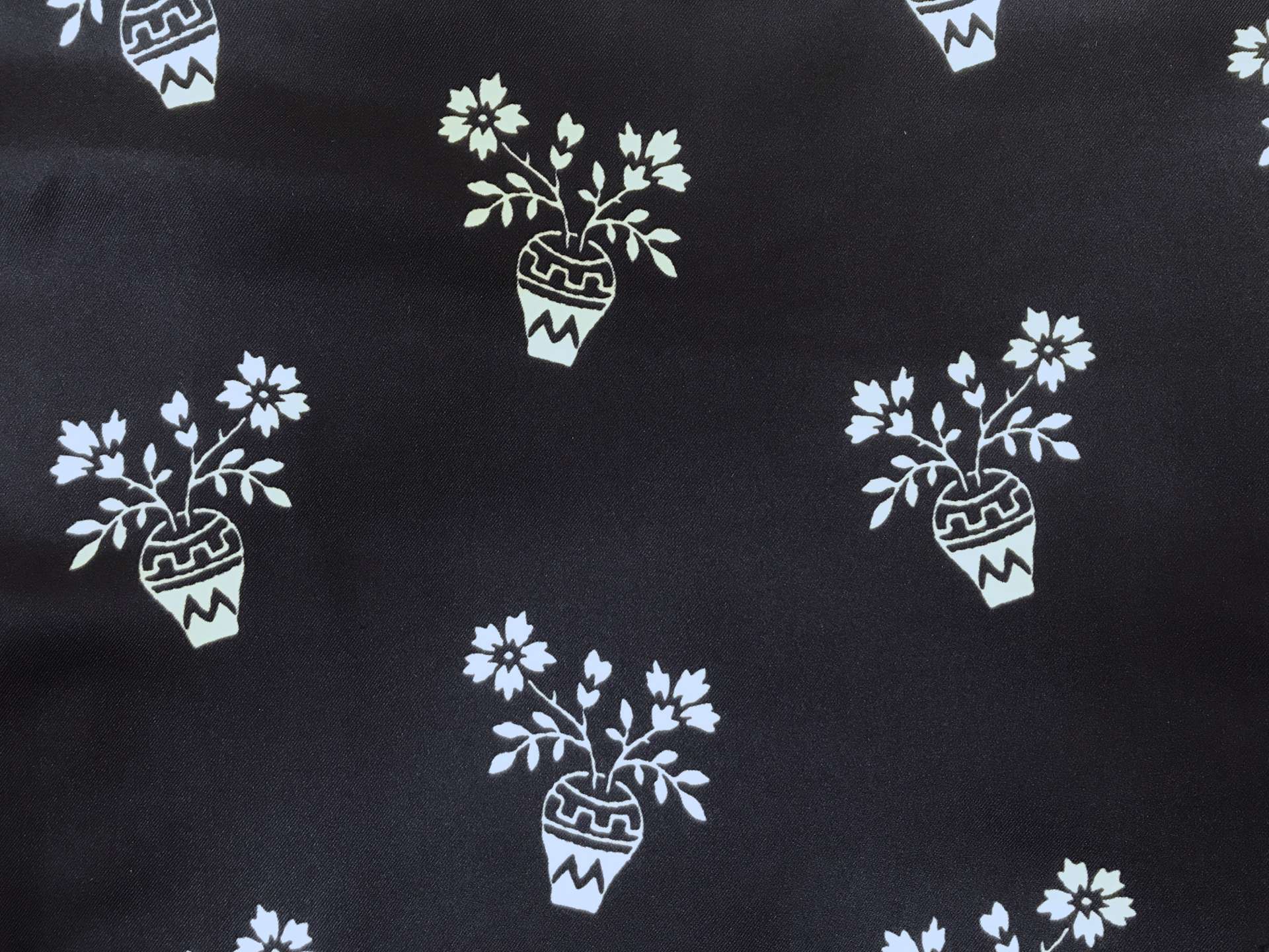 navy printed silk twill with white vases with flowers 
