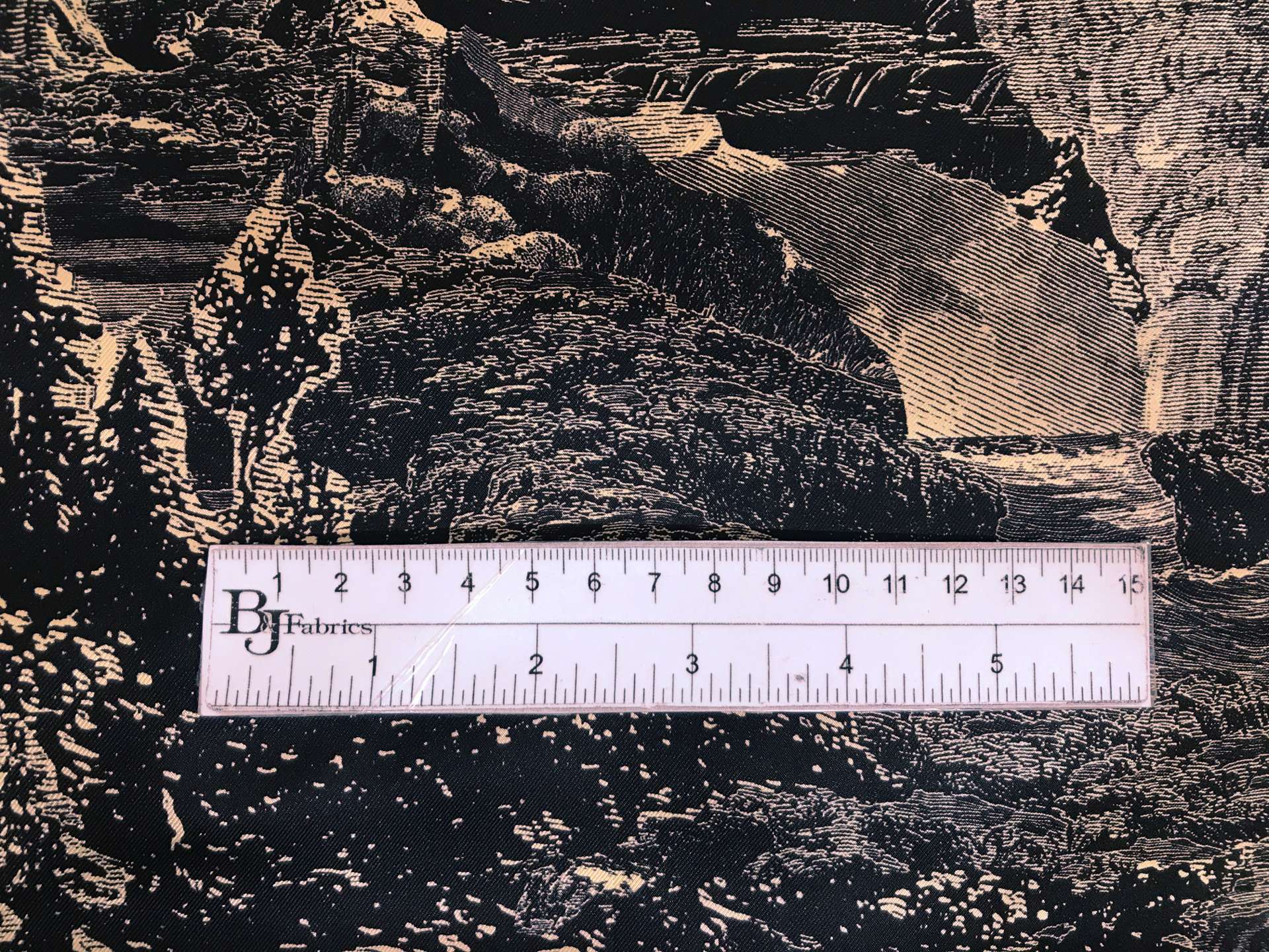 Printed Silk Twill with Large Mountainscape with ruler to show scale