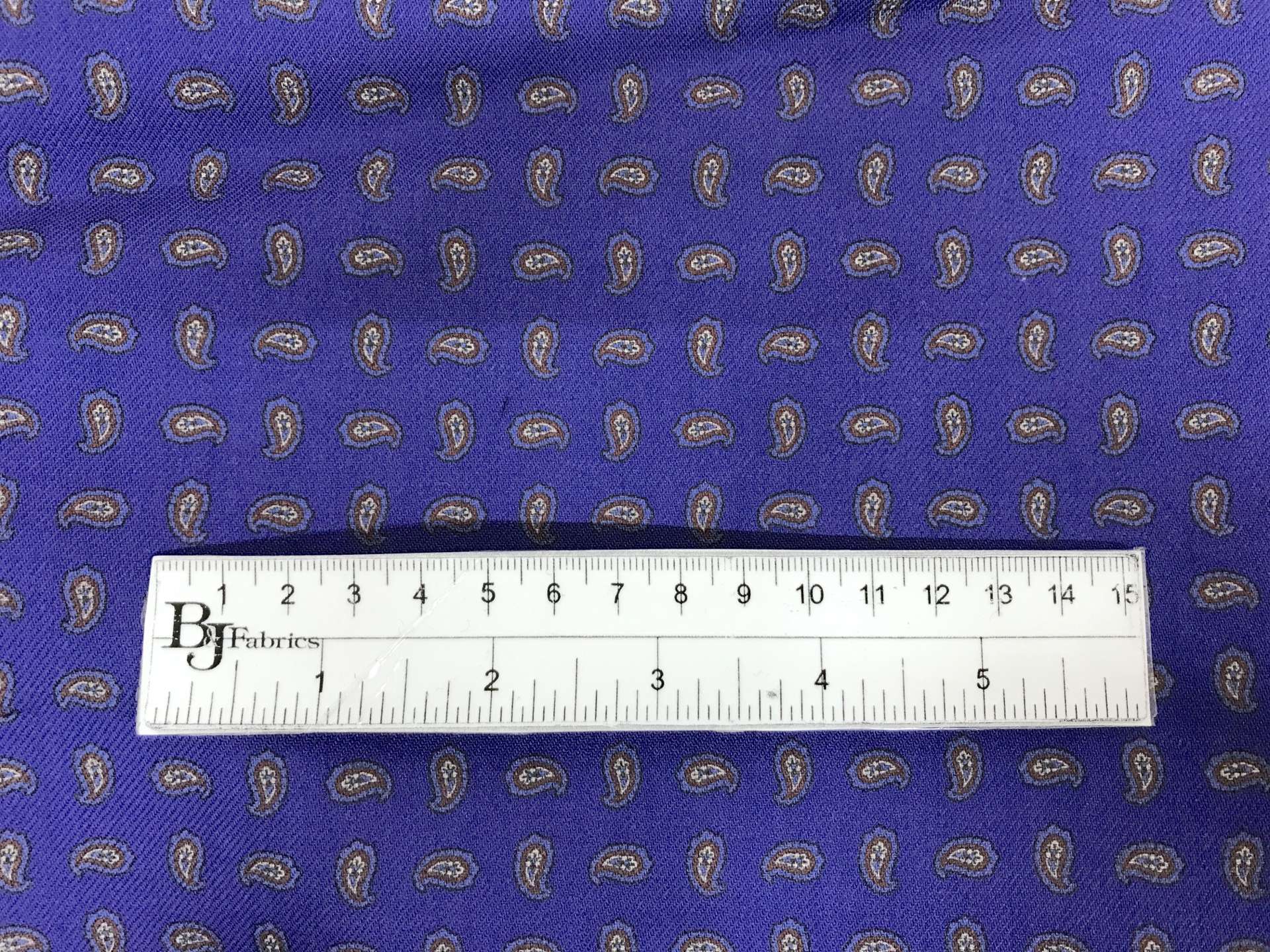 Italian Cobalt Wool Challis with Small Paisleys with ruler to show scale 