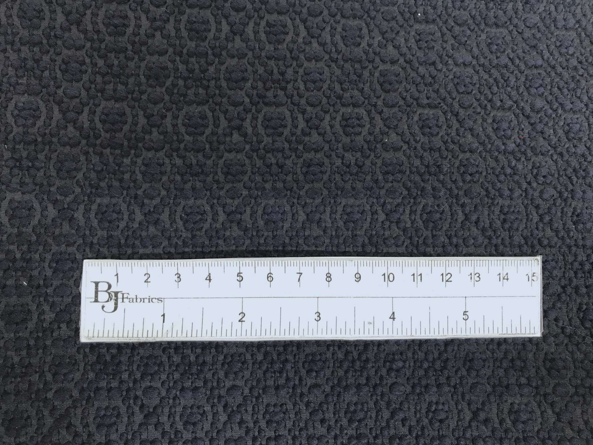 Italian Wool and Polyester Brocade in Black and Navy with ruler to show scale
