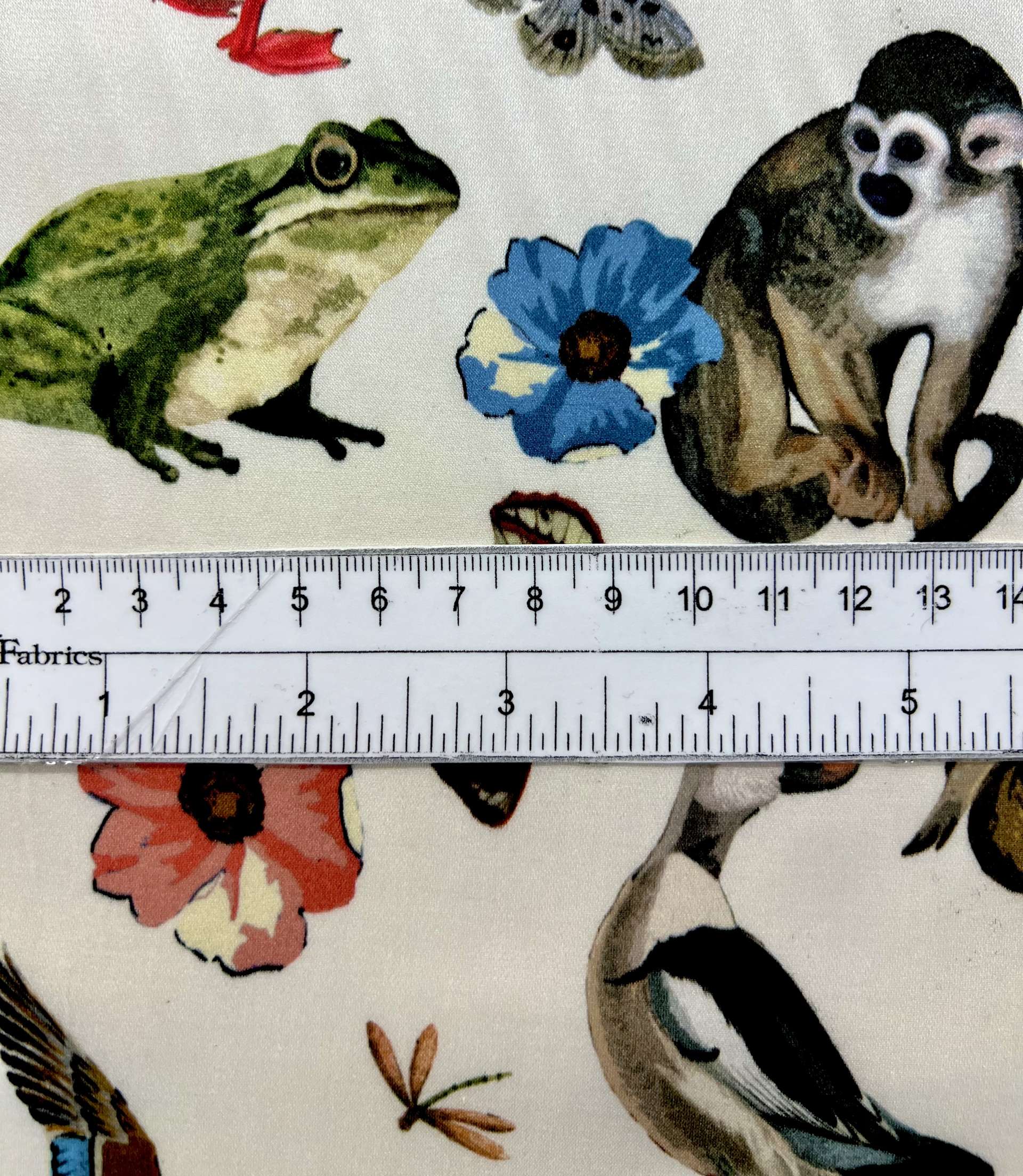 MADE IN ITALY SILK//COTTON/SPANDEX MONKEY PRINTED CHARMEUSE ANIMAL FLORAL ON WHITE GREY BACKGROUND