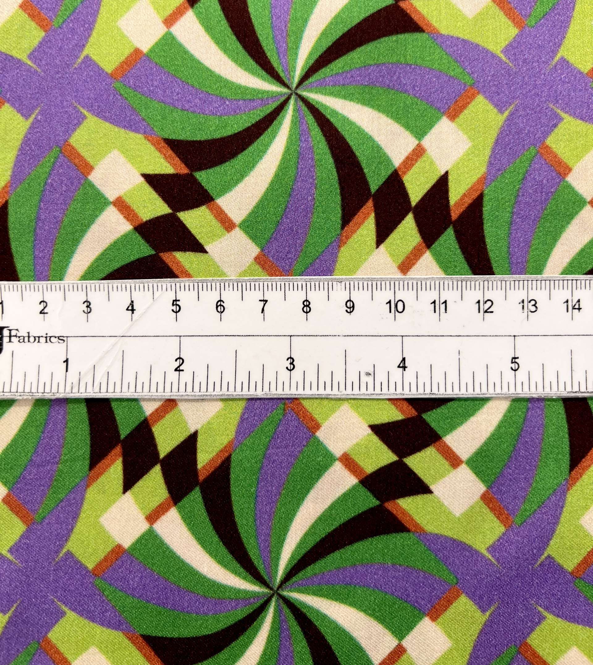 Printed Viscose Challis Sateen in Mint/Black/Yellow/Purple 