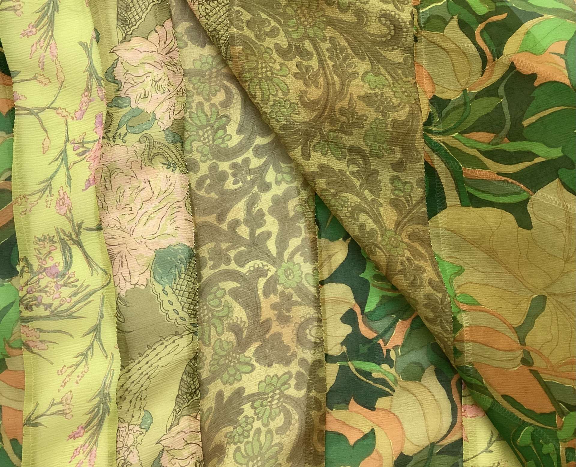 100% Silk Chiffon Strip PieceWork in Greens