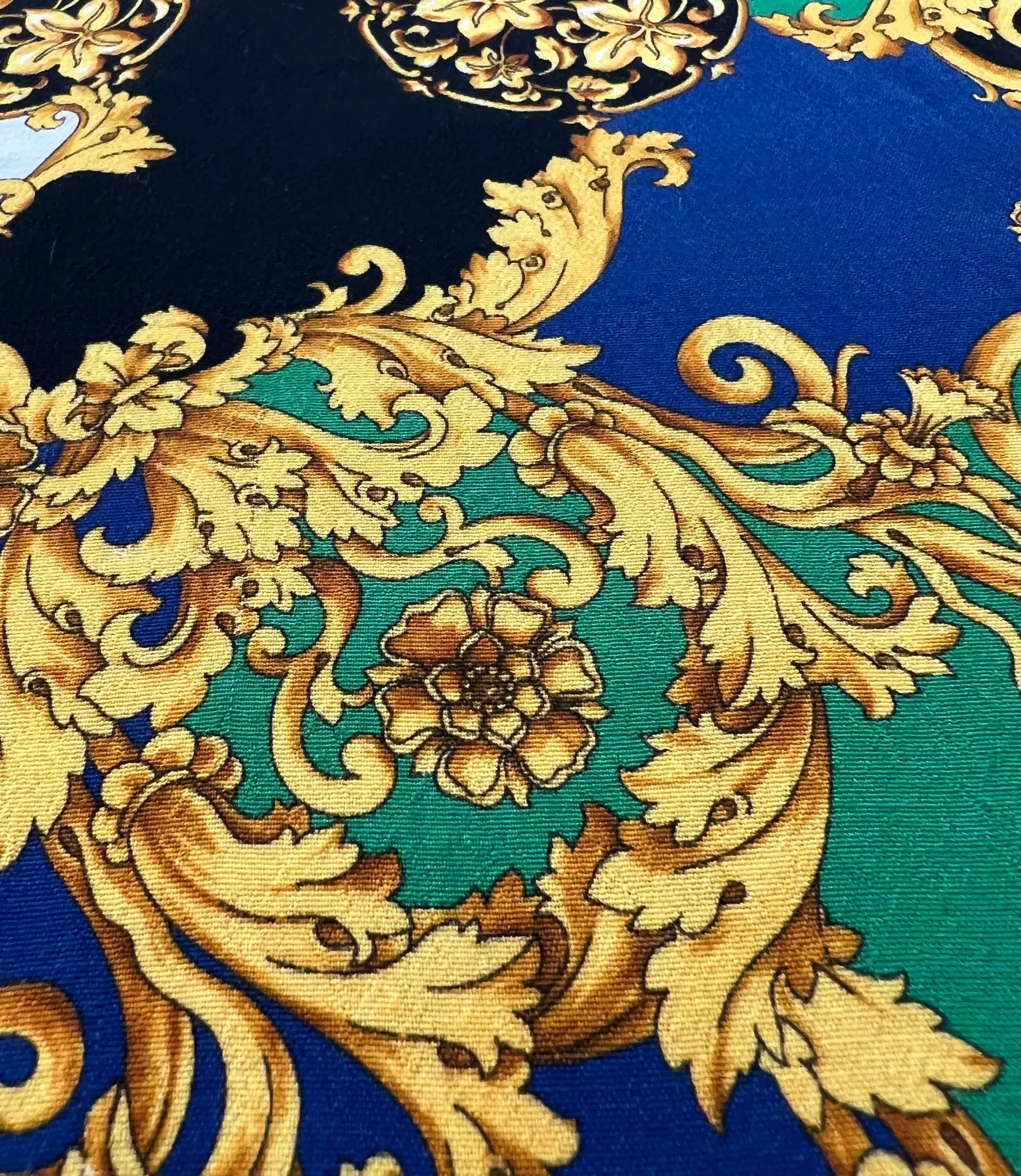 Viscose Tissue Crepe Baroque Print in Black/Gold/white/Green/Royal Blue