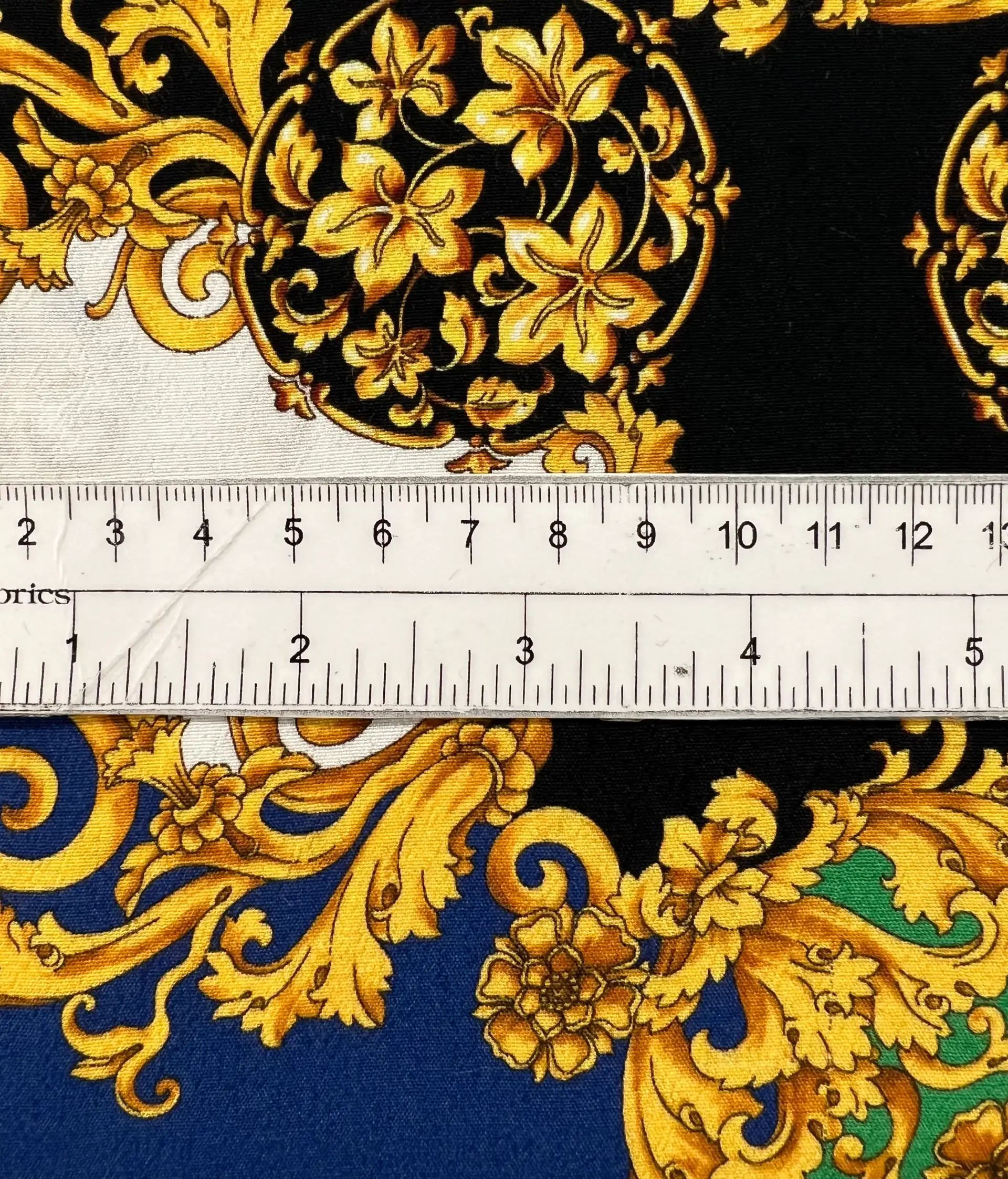 Viscose Tissue Crepe Baroque Print in Black/Gold/white/Green/Royal Blue