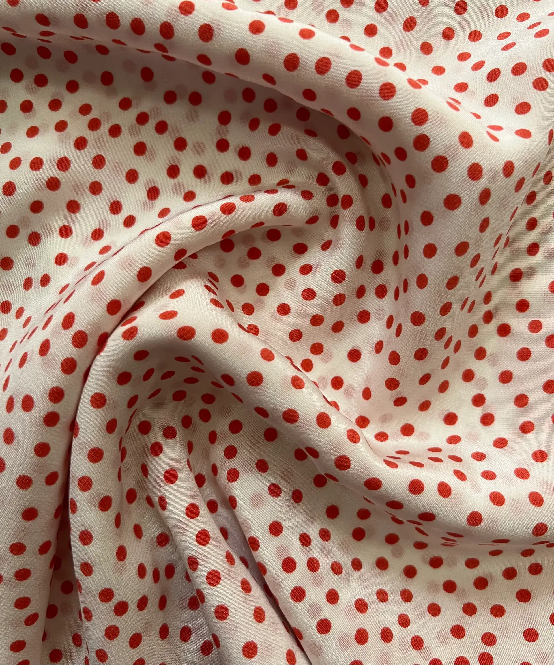 Printed Silk Crepe de Chine in White & Red Polka Dots
