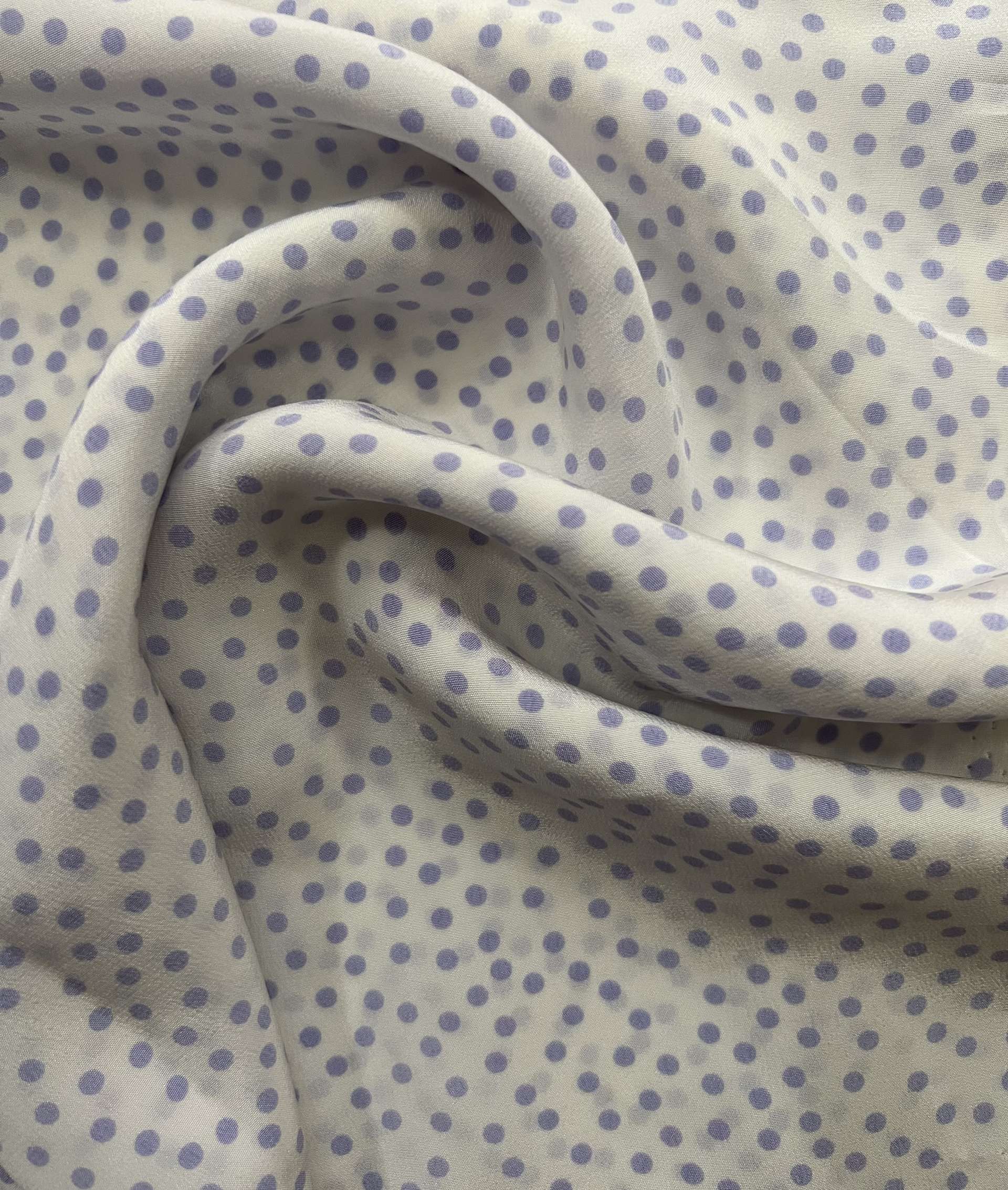 Printed Silk Crepe de Chine in White & Lavender Polka Dots