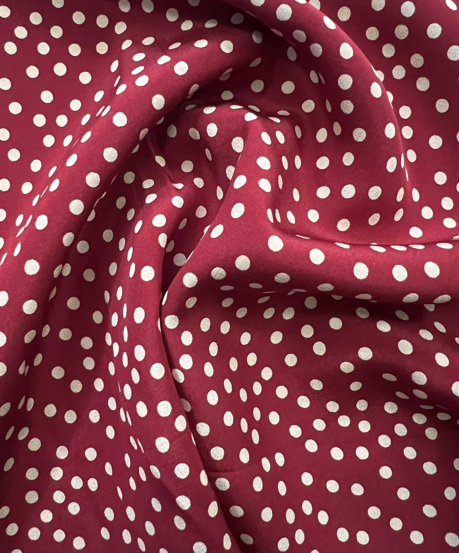 Printed Silk Crepe de Chine in Wine & white Polka Dots