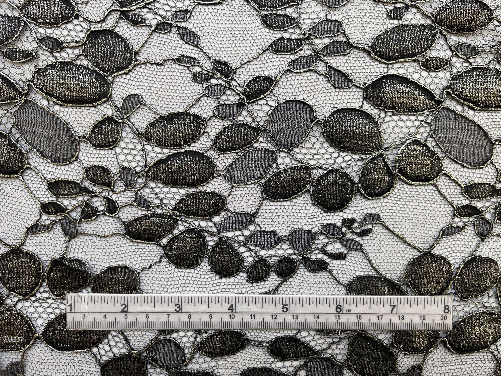 Made in France Pewter Metallic Painted Black Chantilly Lace of "Black Locust Leaf" Pattern