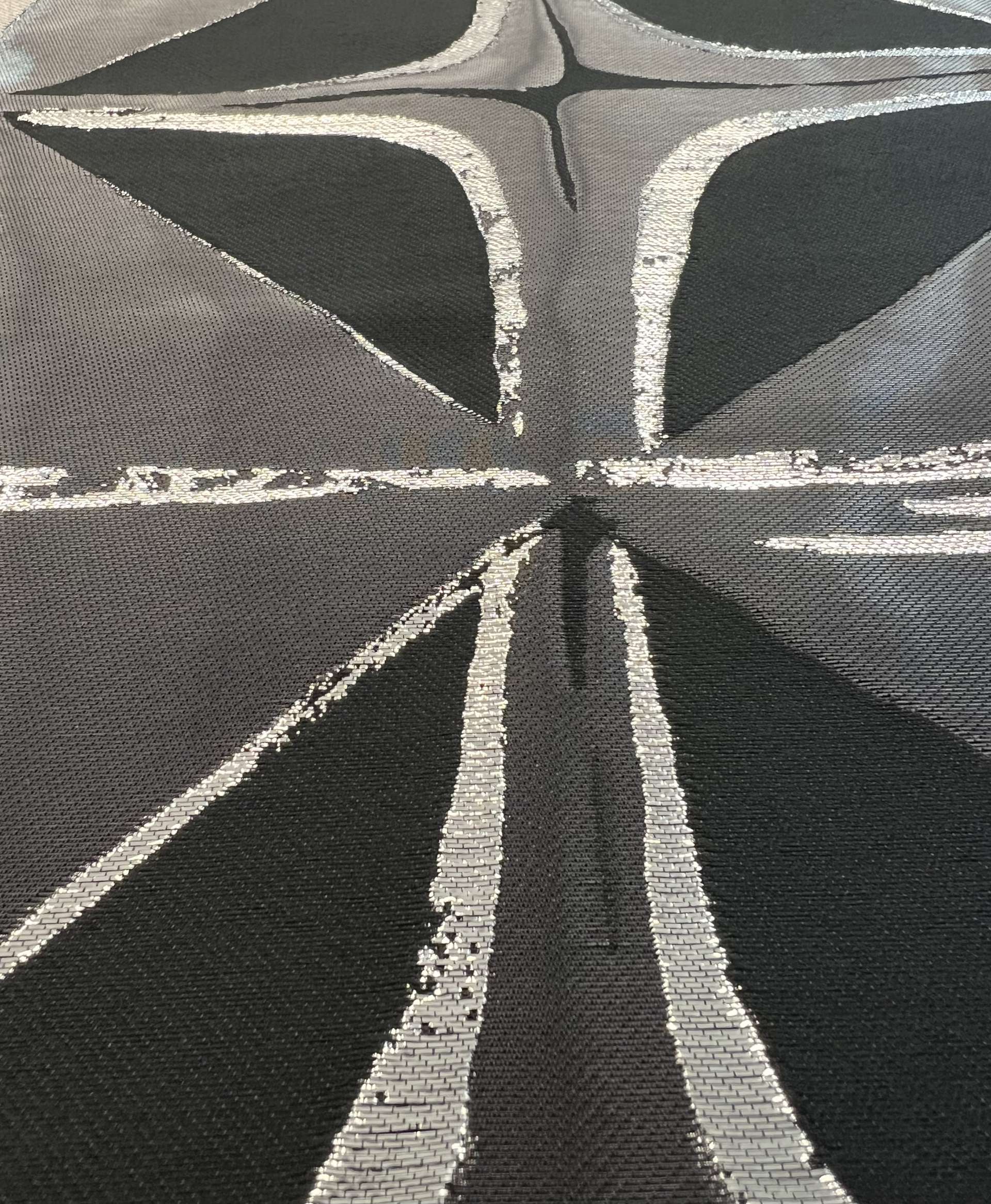 Geometric Lamé Liquid Fil Coupe Brocade in Silver Black