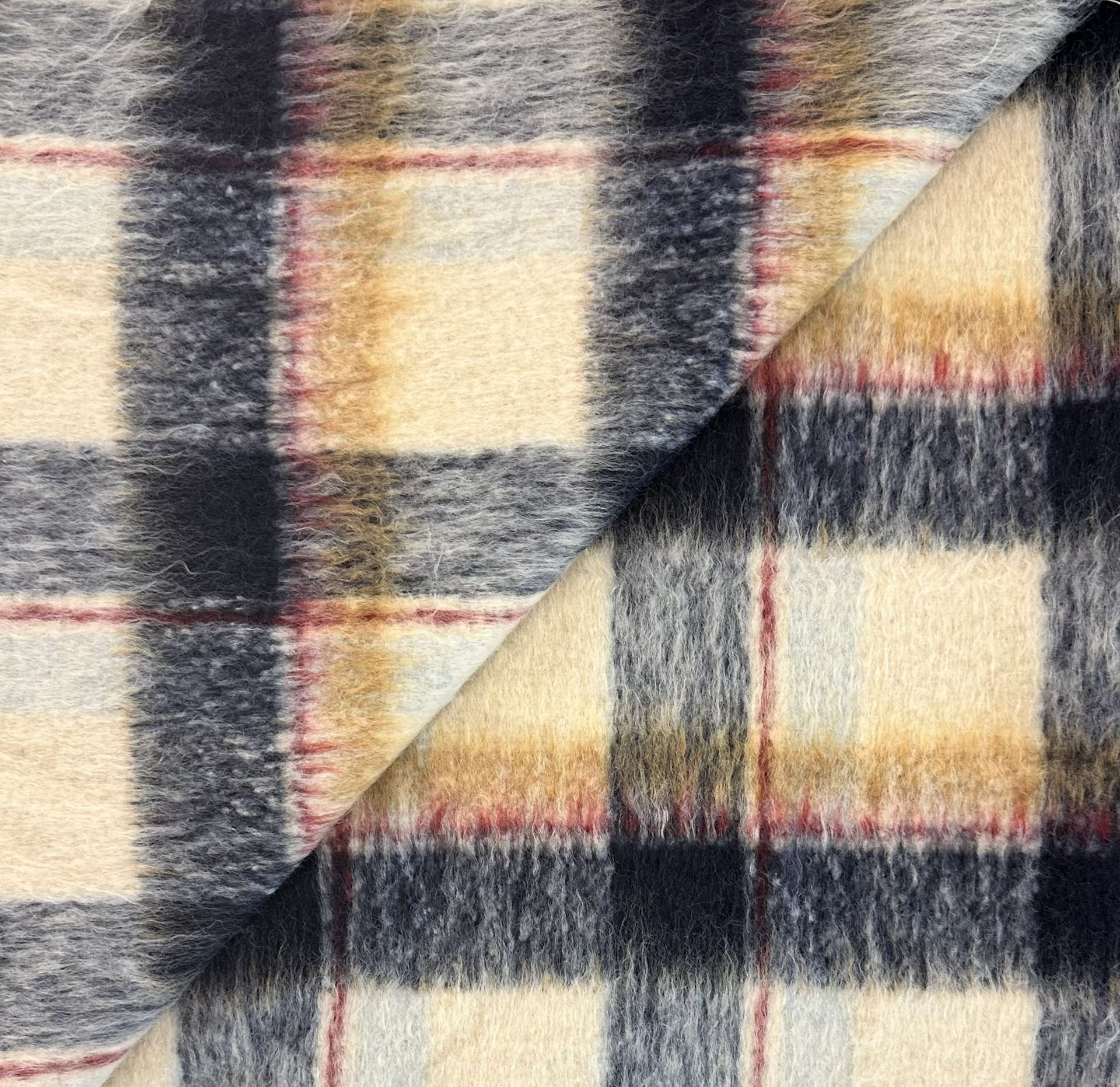 Wool Blend Brushed Tweed Plaid in Navy/Off White