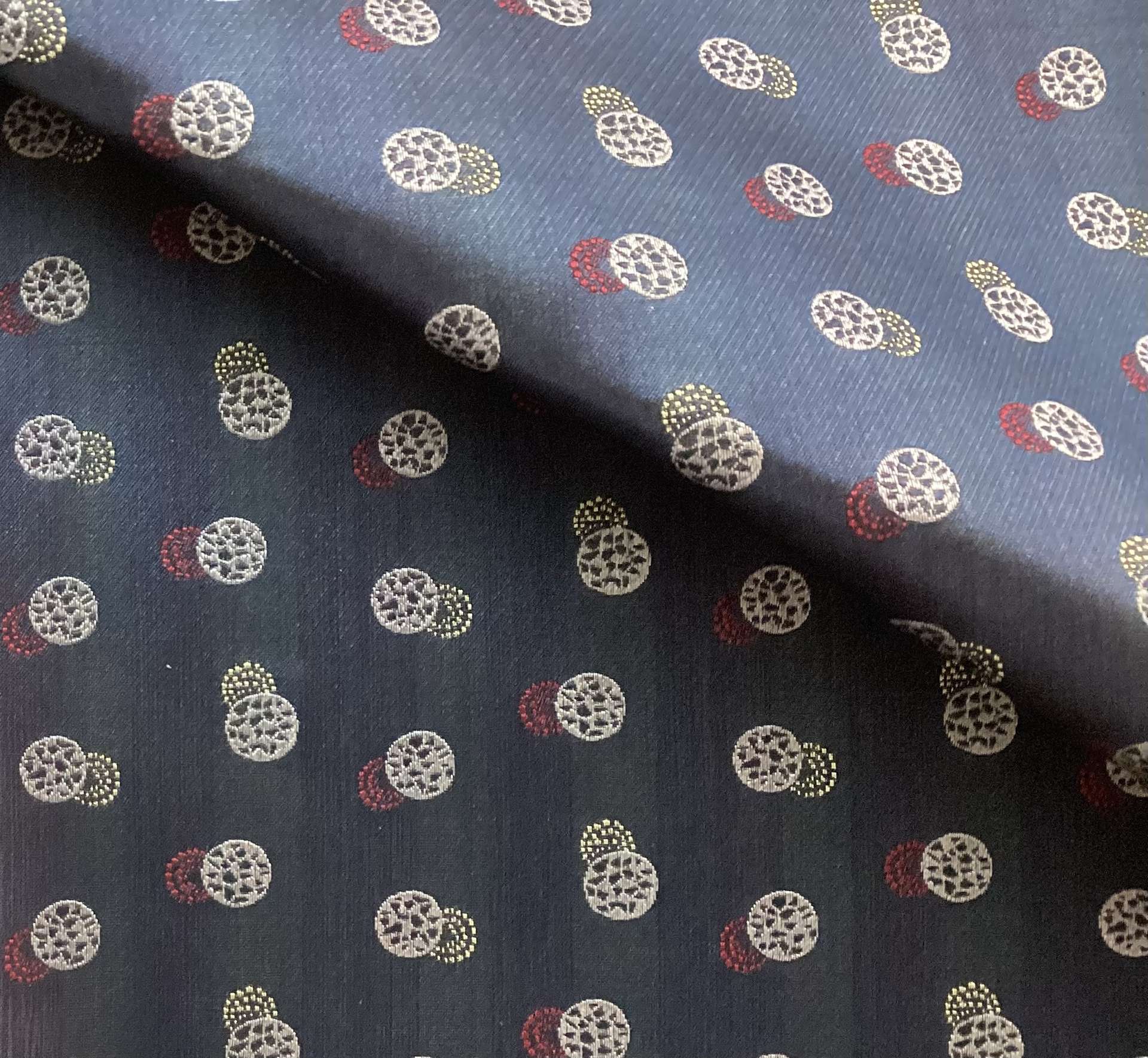 Made in Italy 100% Silk Tie Brocade Navy with Red/Silver/Gold Circles