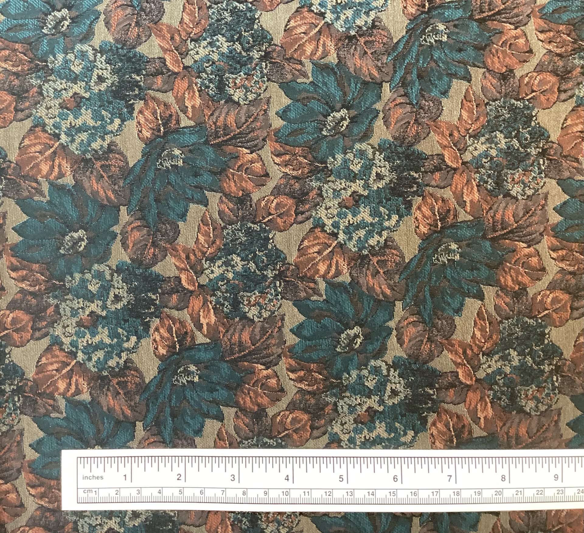Made in Italy 100% Silk Tie Brocade with Teal & Rust Leaf Design 