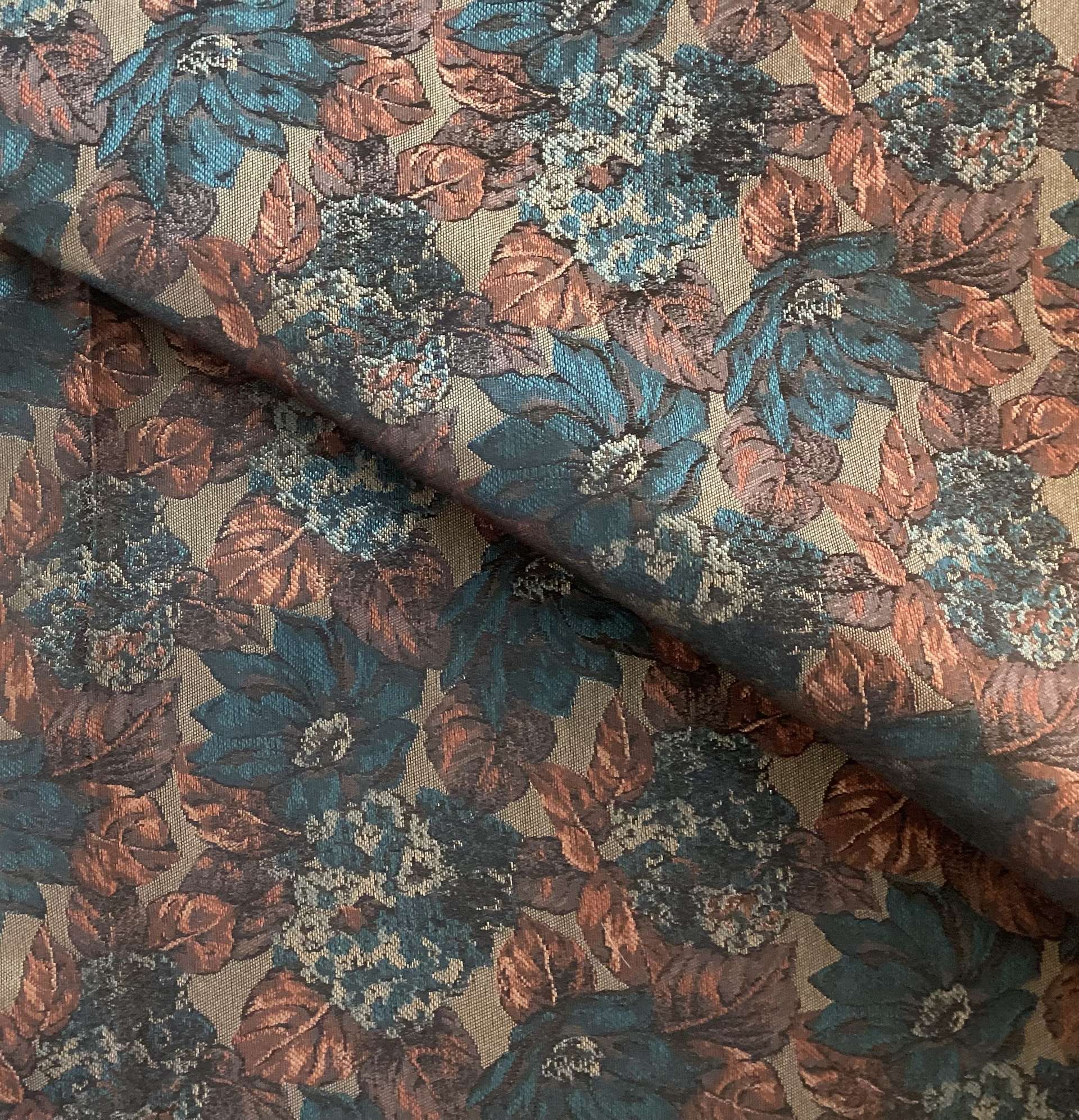 Made in Italy 100% Silk Tie Brocade with Teal & Rust Leaf Design 