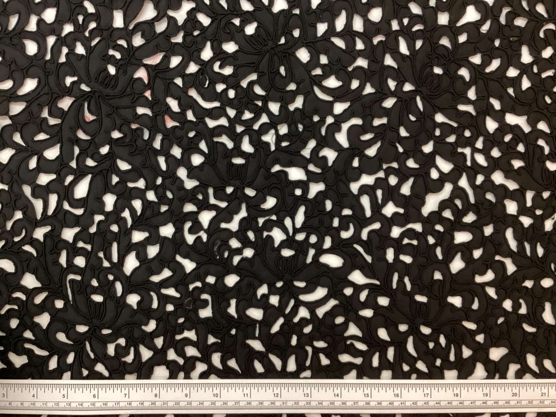 Laser Cut Polyester Satin with Soutach in Black