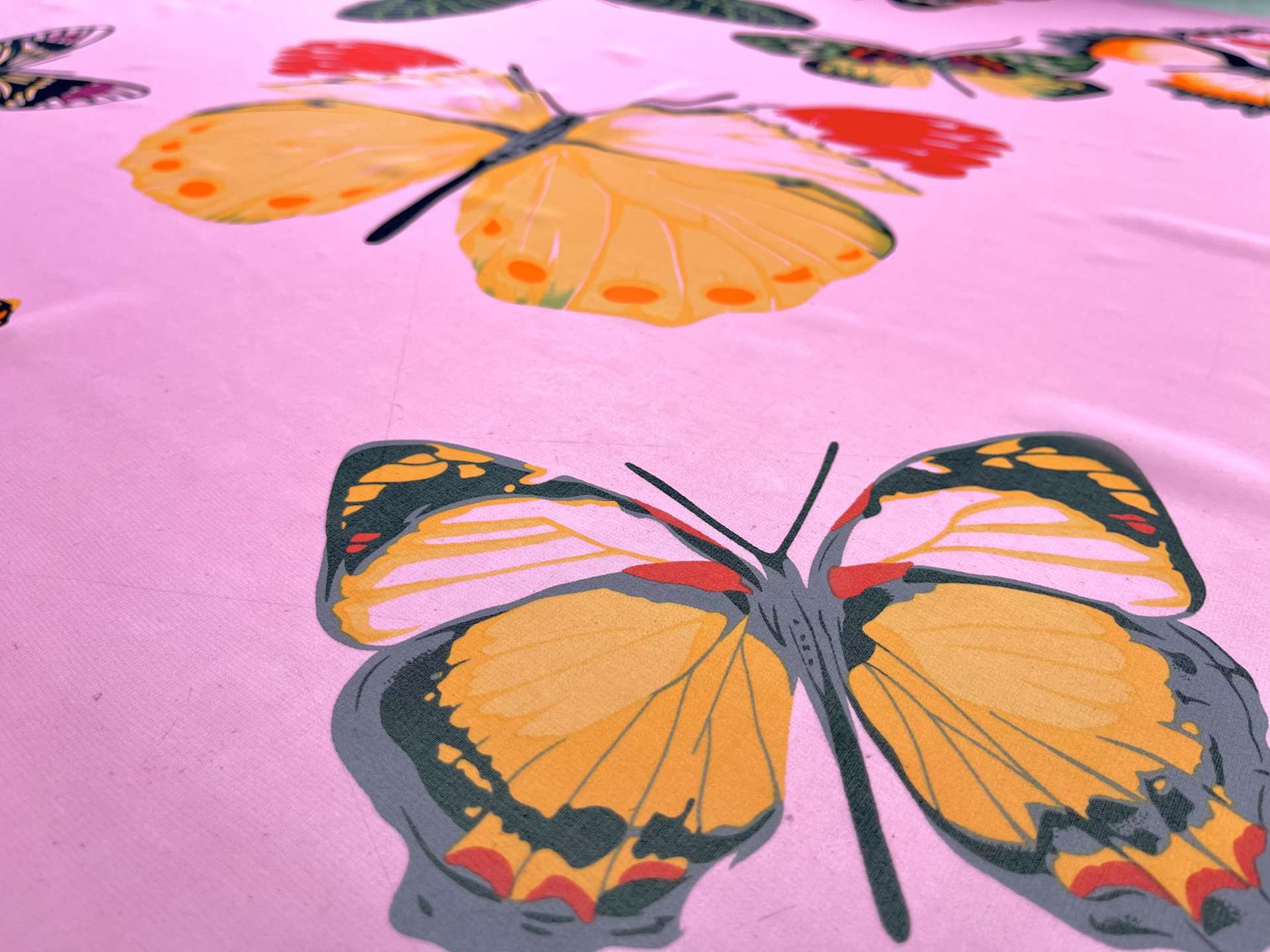 Silk Chiffon with Multicolor Butterflies Print On Pink Background
