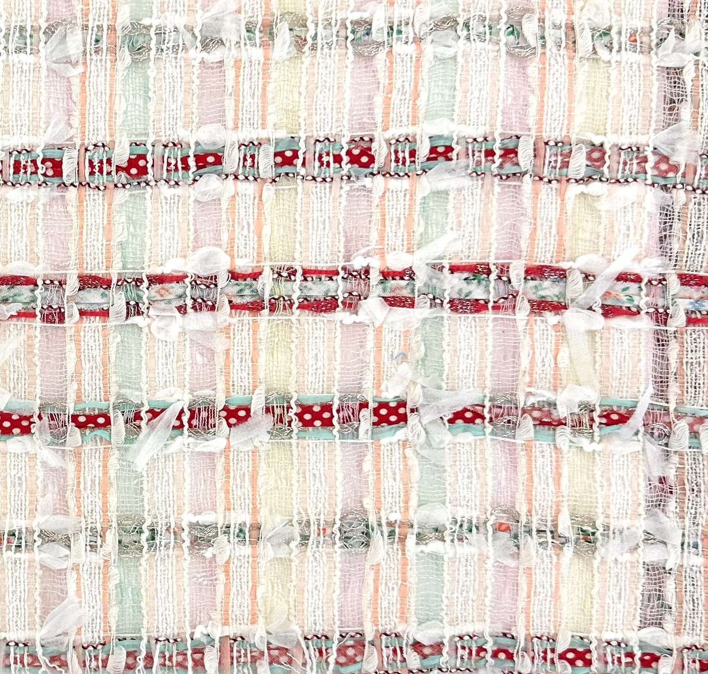 French Cotton Blend Novelty Tweed in White Aqua Watermelon 