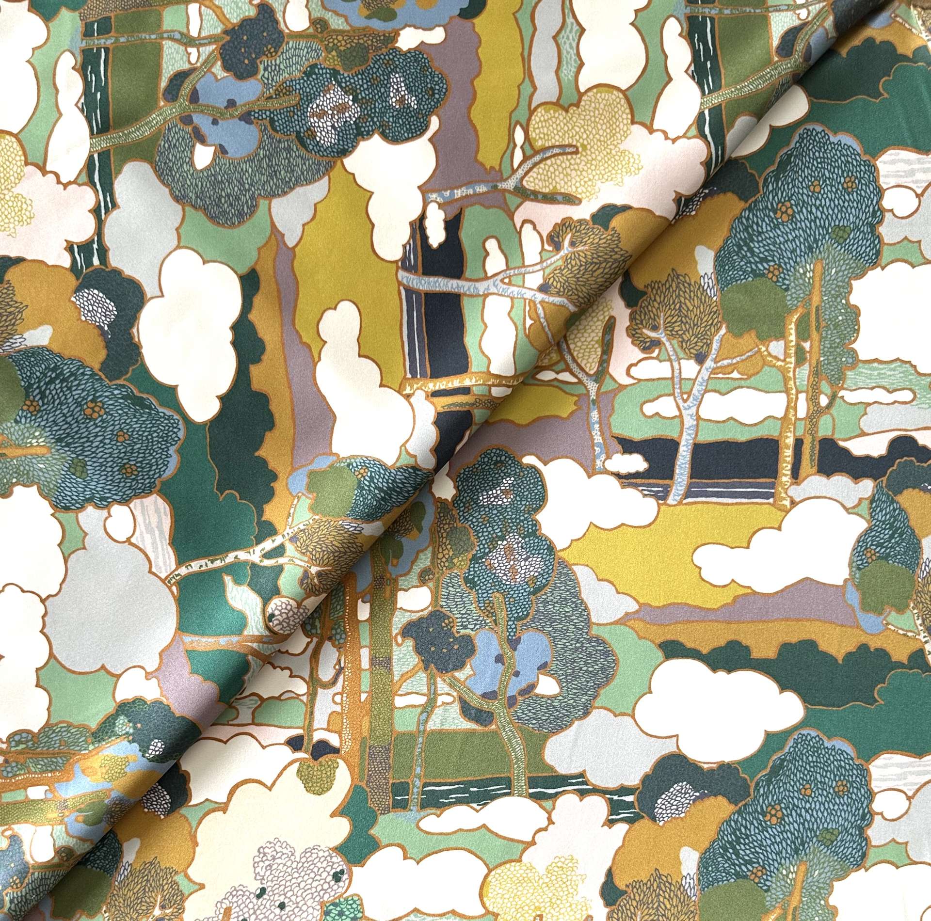 Liberty Silk Charmeuse with Trees & Clouds Print in Green