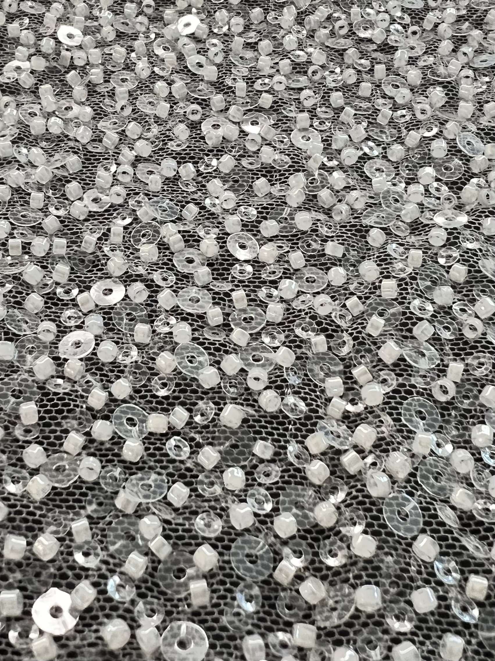 Clear Sequin with Sea Beads on Tulle in Bridal White