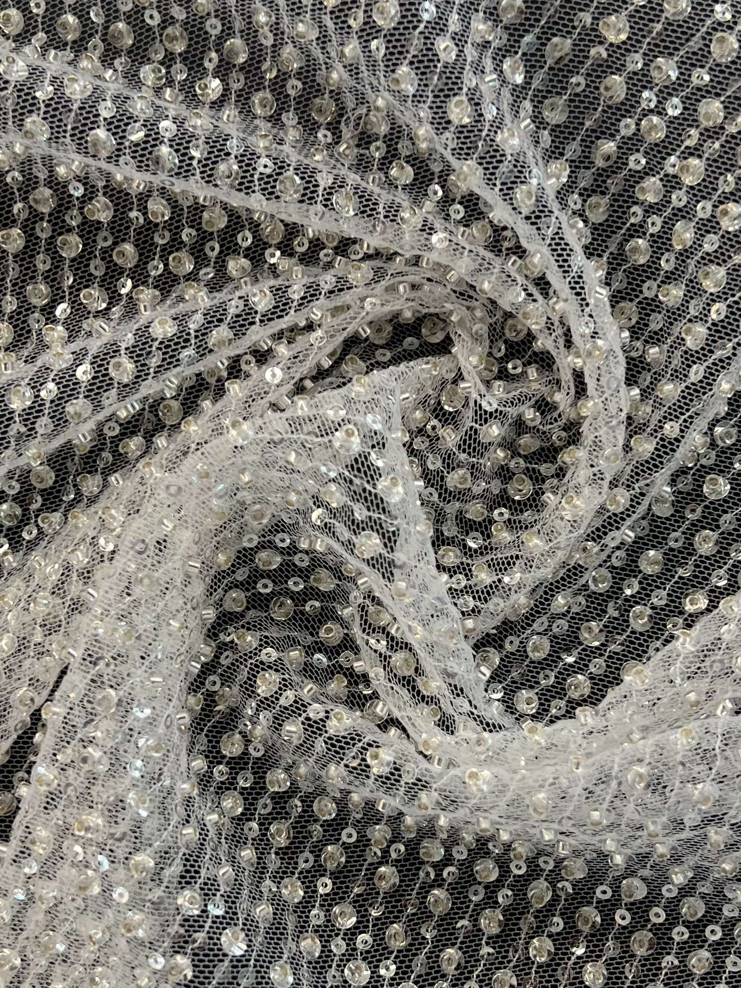 Clear Sequin/Crystal Twill on Tulle White