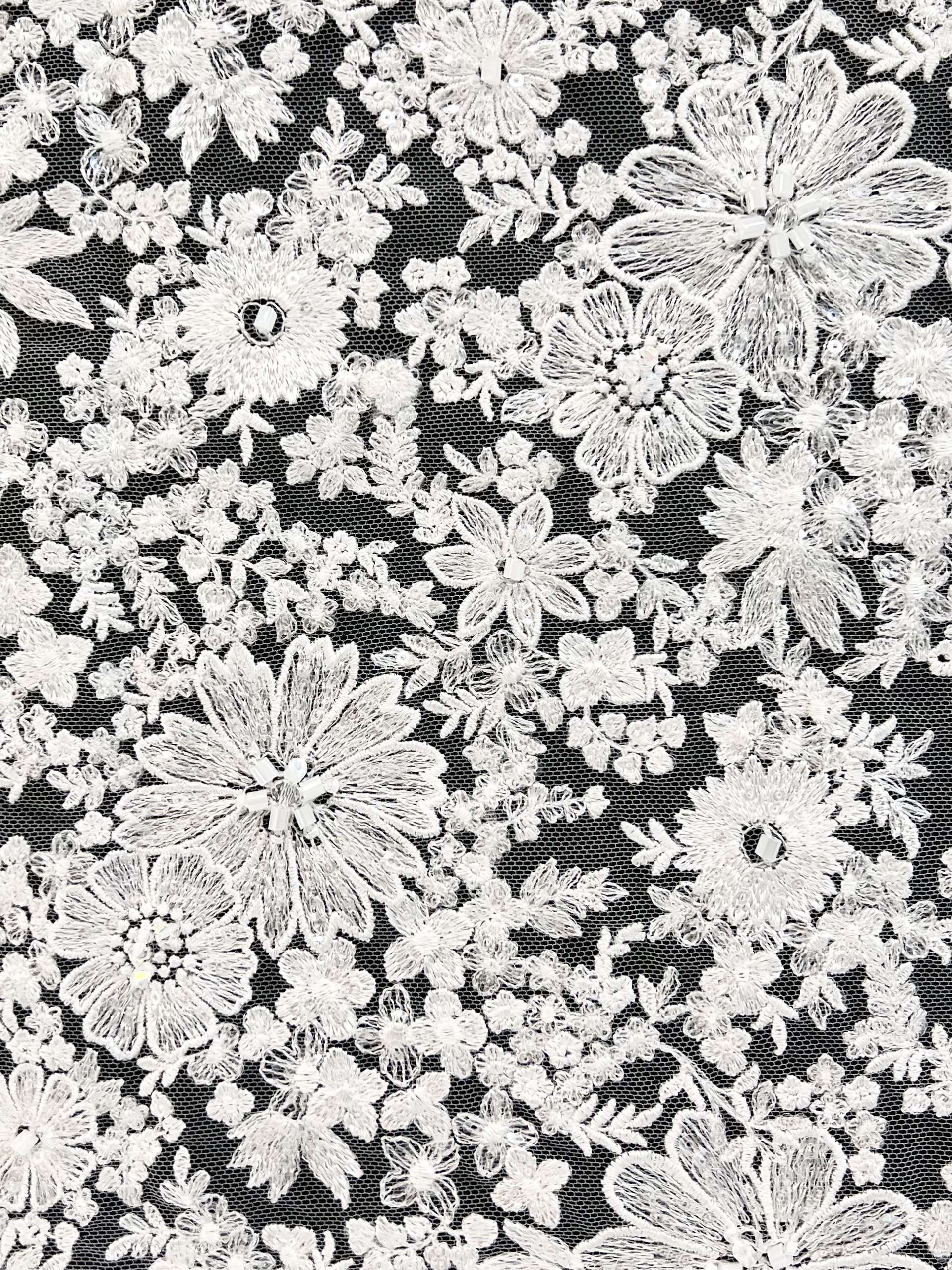 Embroidered Tulle with Micro Clear Sequin Oblong Beads and Crystal in Off White