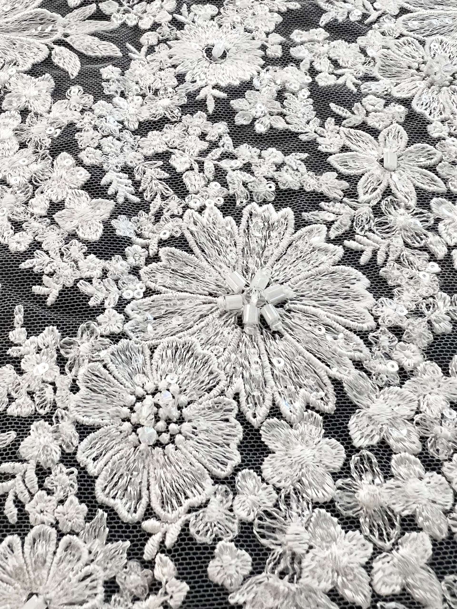 Embroidered Tulle with Micro Clear Sequin Oblong Beads and Crystal in Off White