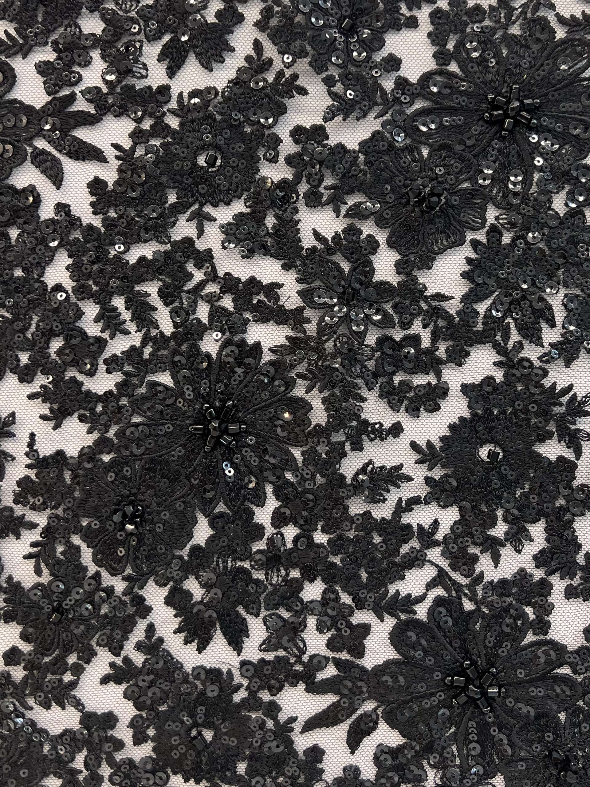 Embroidered Tulle with Micro Clear Sequin Oblong Beads and Crystal in Black