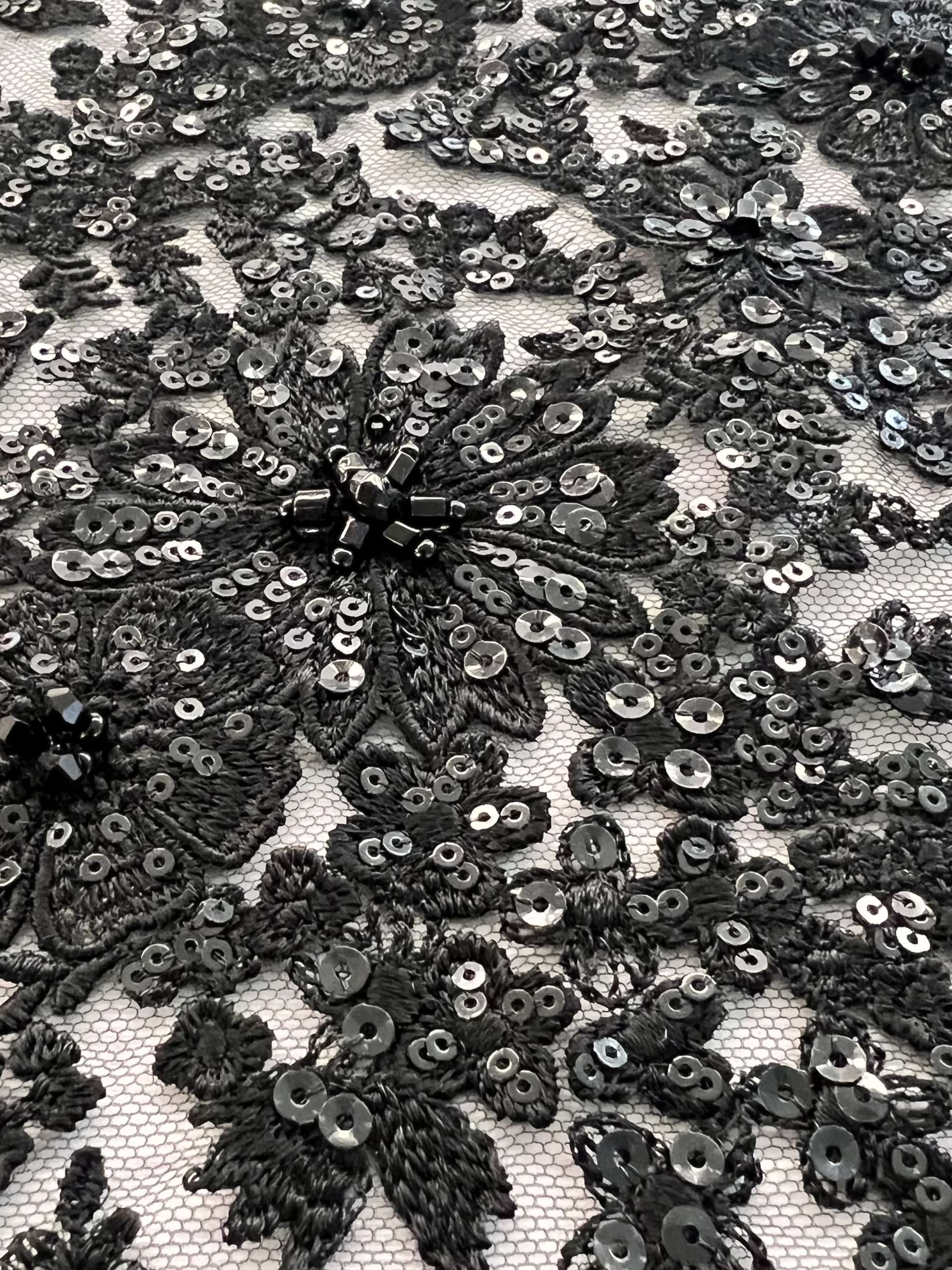 Embroidered Tulle with Micro Clear Sequin Oblong Beads and Crystal in Black