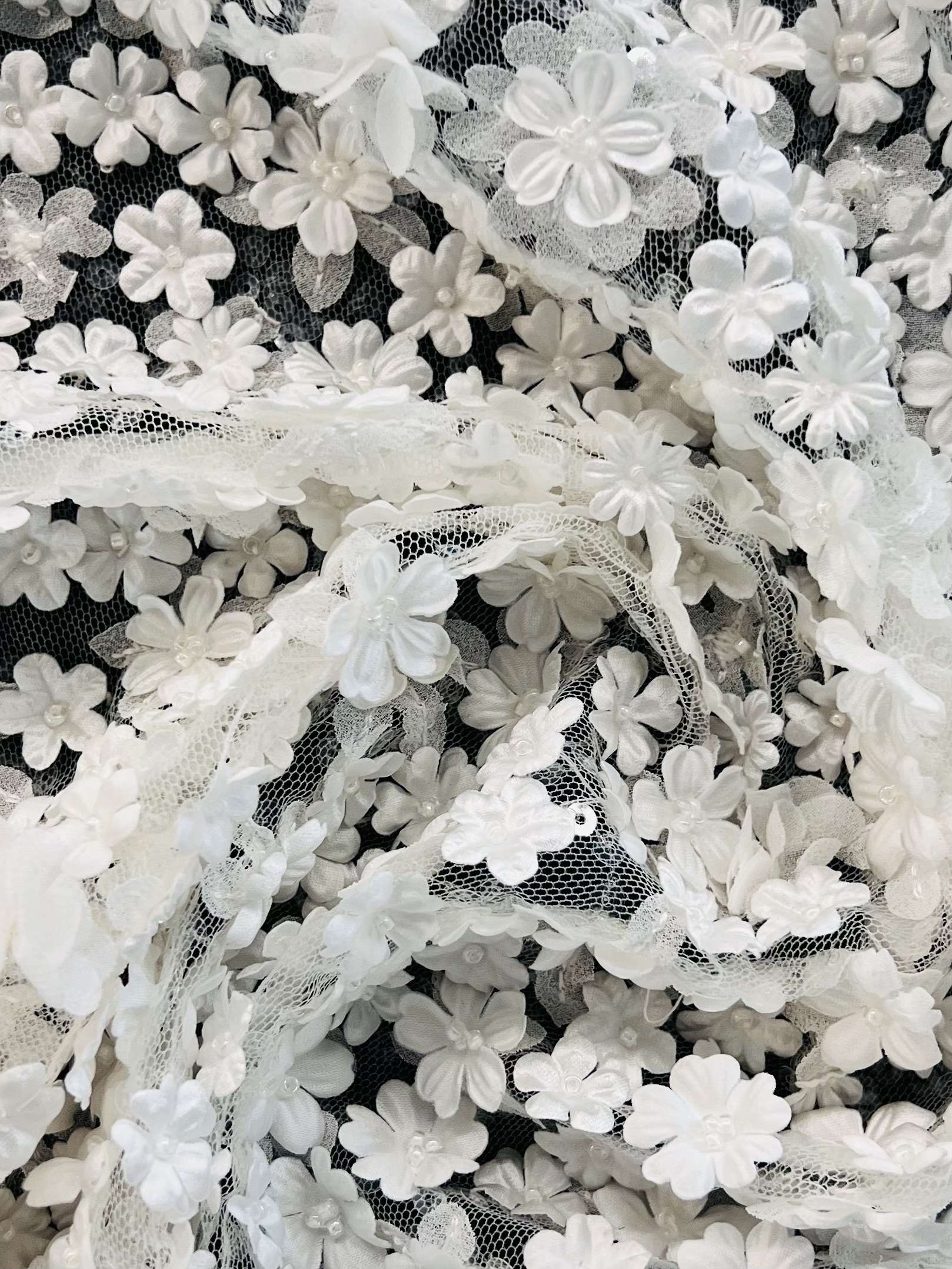 3D Appliqué Flowers and Sequins on Tulle in White