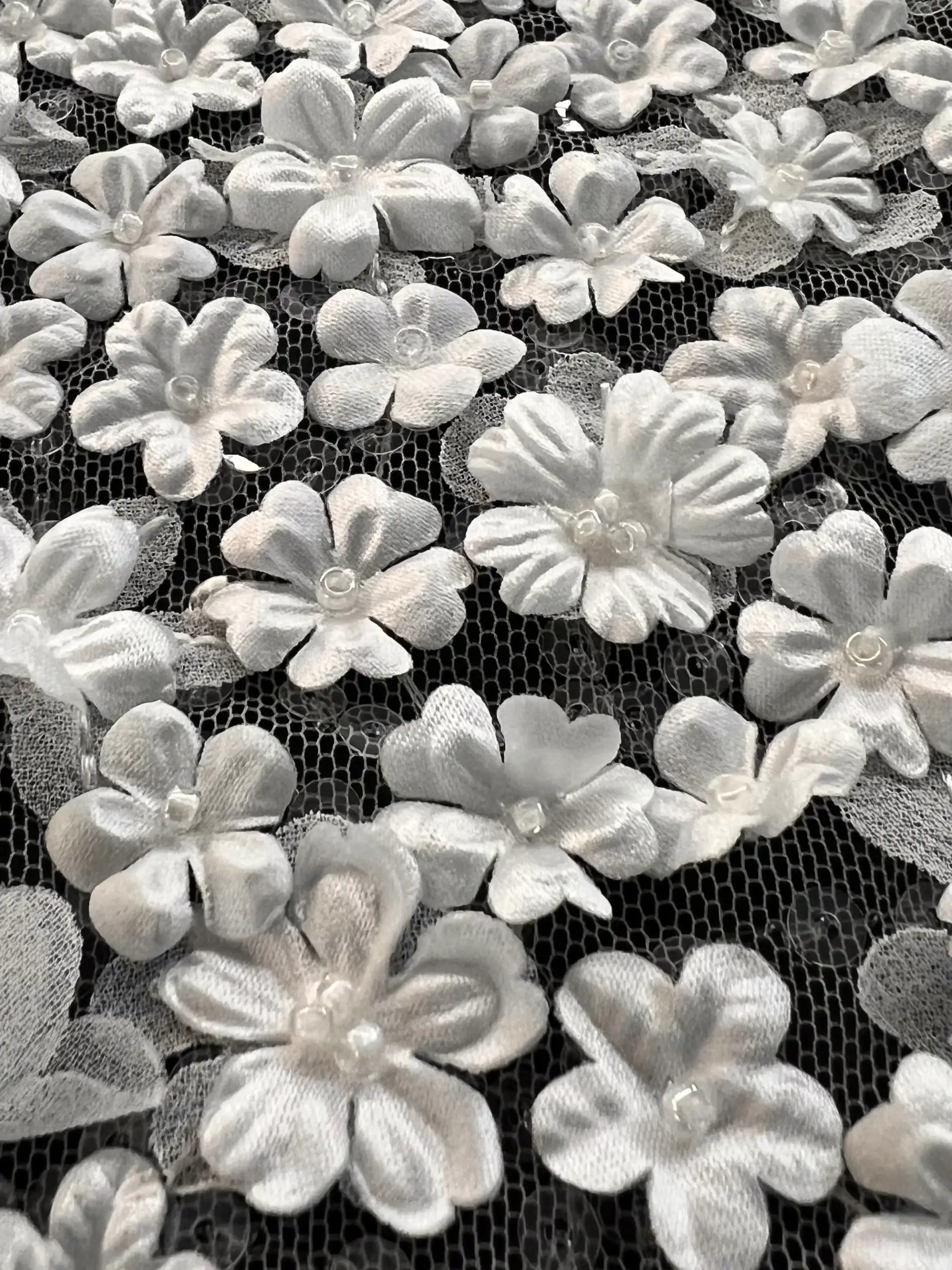 3D Appliqué Flowers and Sequins on Tulle in White