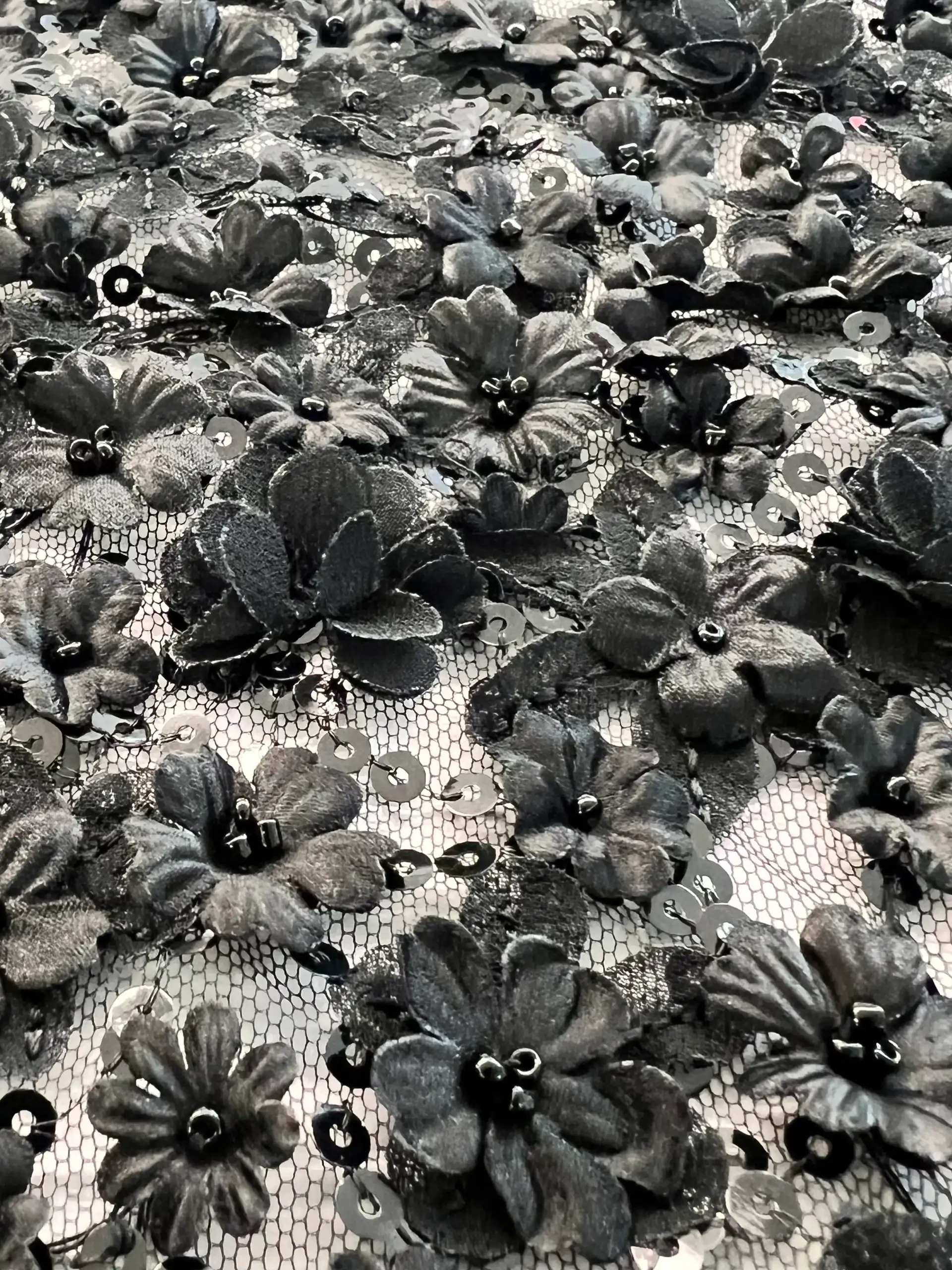 3D Appliqué Flowers and Sequins on Tulle in Black