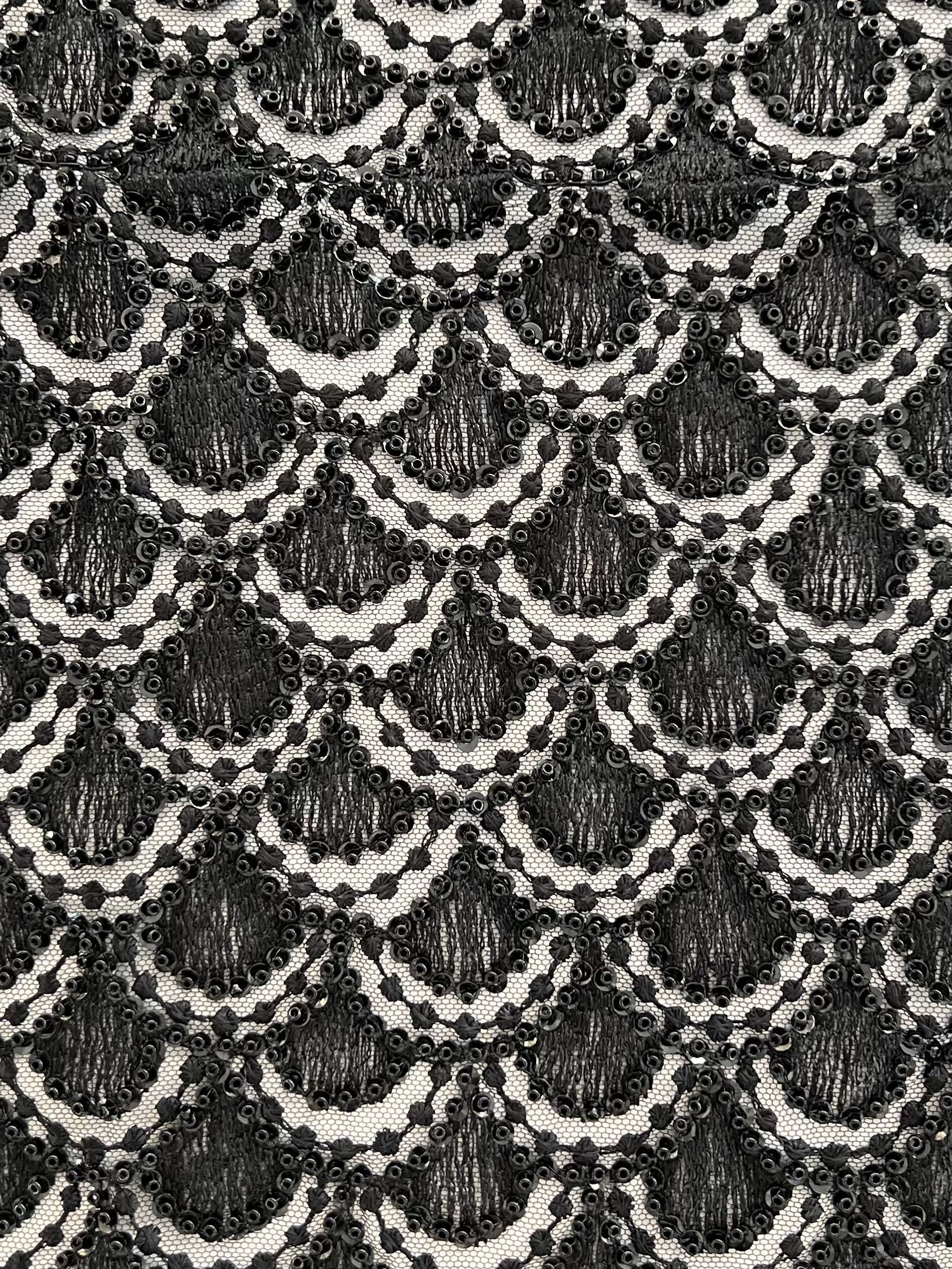 Embroidered Tulle with Sequins And Beads in Fish Scale Motif Black on Black