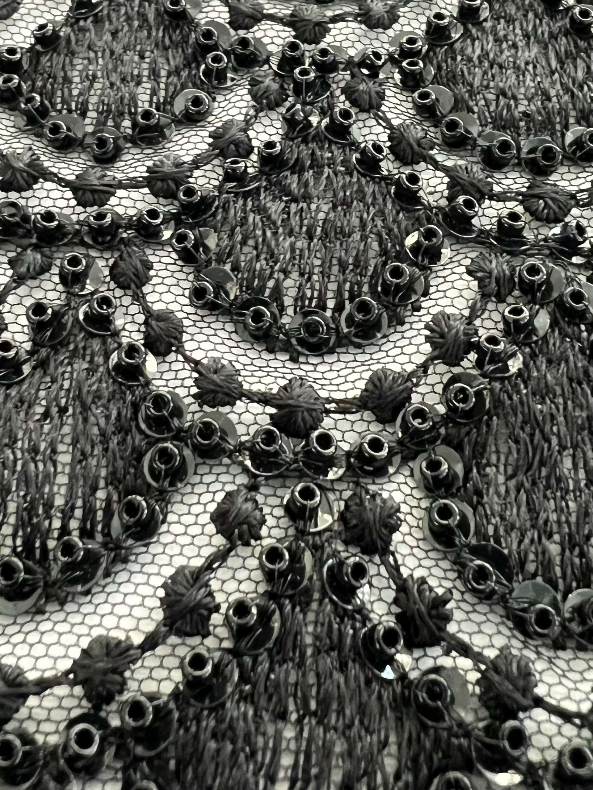 Embroidered Tulle with Sequins And Beads in Fish Scale Motif Black on Black