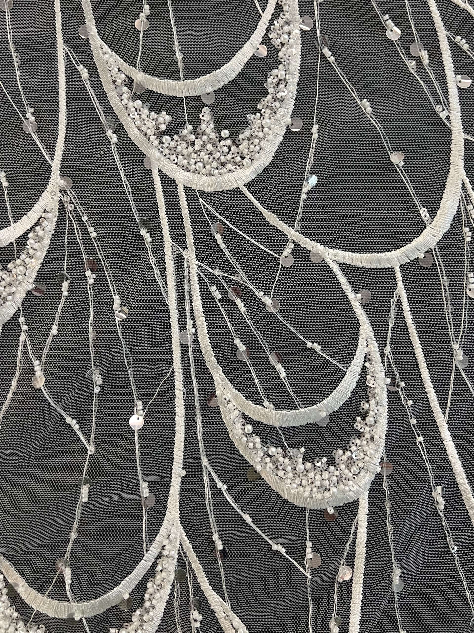 Satin Stitch Embroidered Tulle with Beads & Paillette in Clear and White