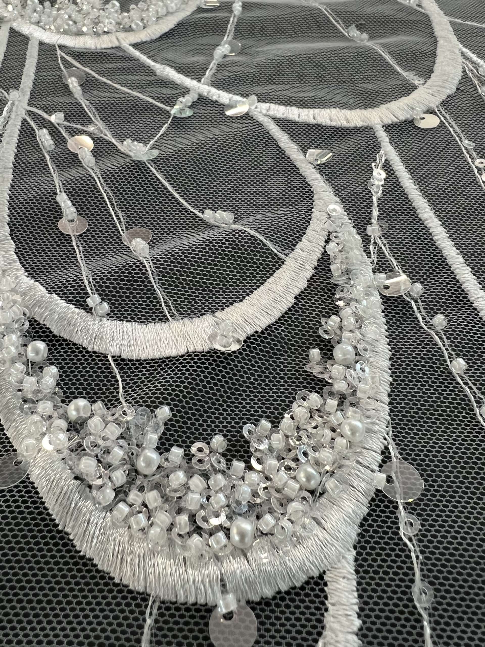 Satin Stitch Embroidered Tulle with Beads & Paillette in Clear and White