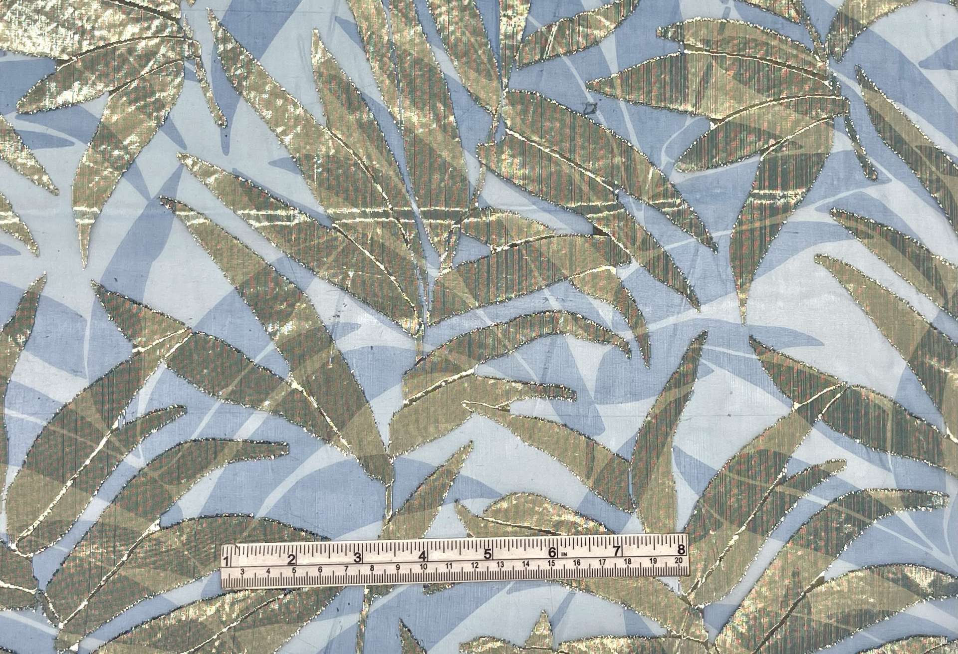Printed Silk/Metallic Fil Coupe in Blue/Gold Leaf Design
