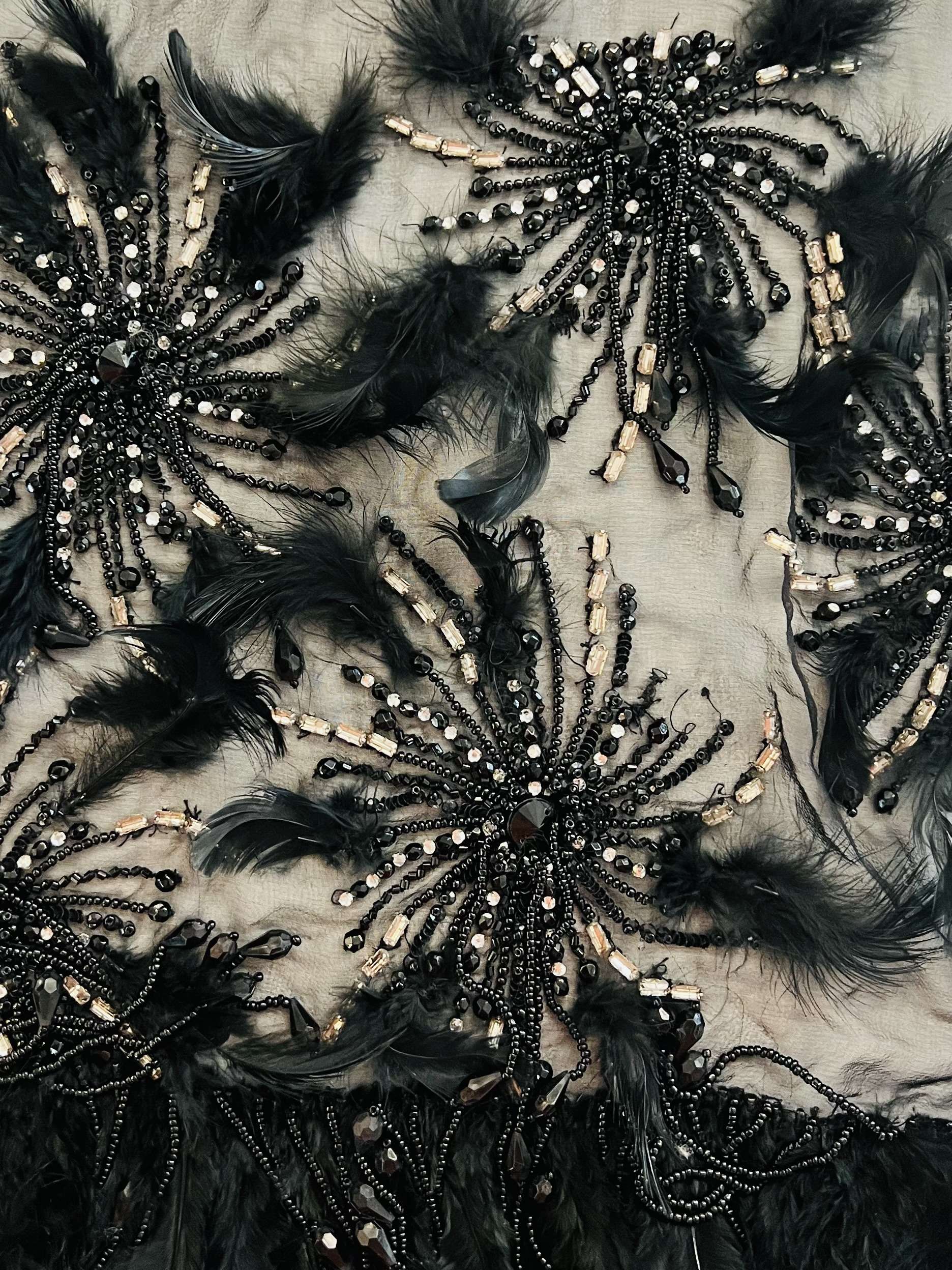 Couture Novelty of Black Silk Chiffon with Crystal, Beads and Feathers