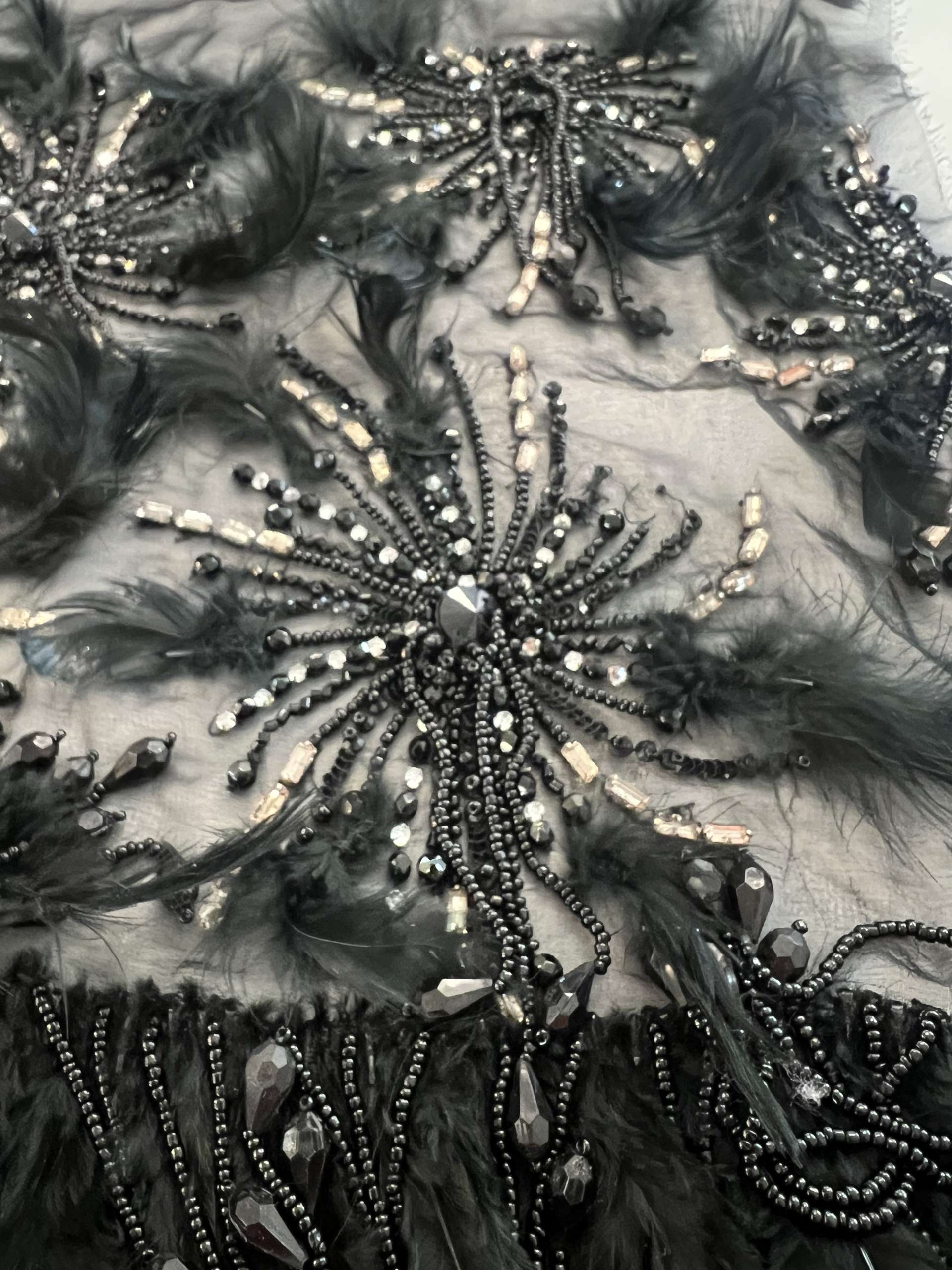 Couture Novelty of Black Silk Chiffon with Crystal, Beads and Feathers