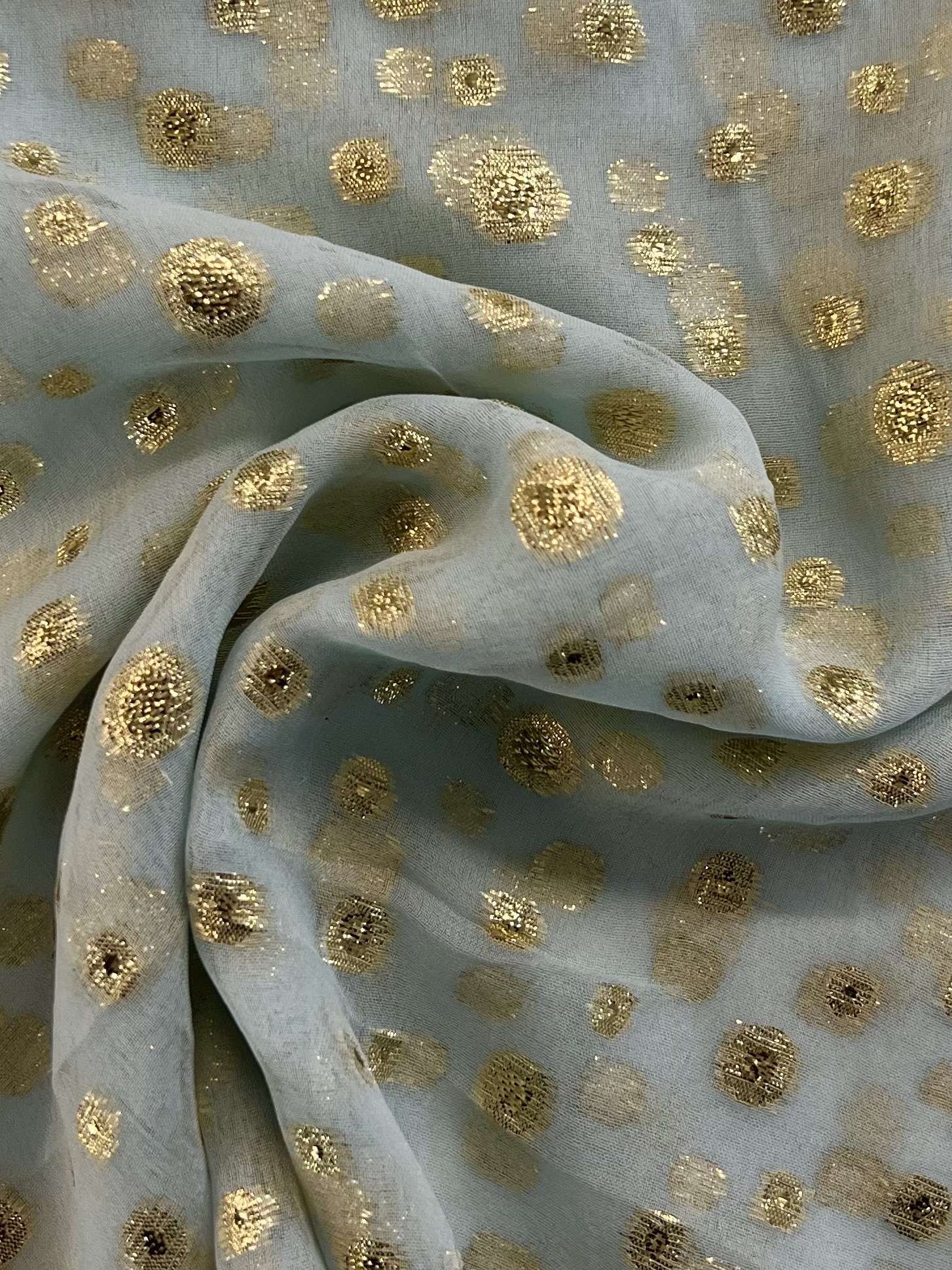 Silk & Lurex Fil Coupé Chiffon in IceBlue with Gold Dot
