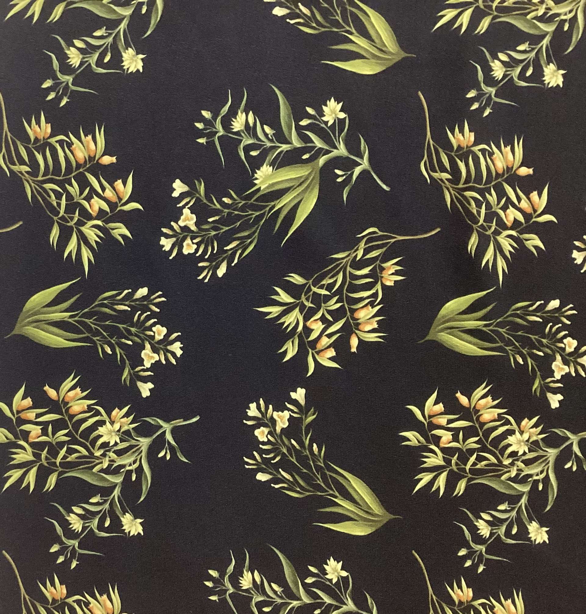 Made In Italy 100% Silk Crepe De Chine Floral Printed In Green/Yellow on Black Ground 