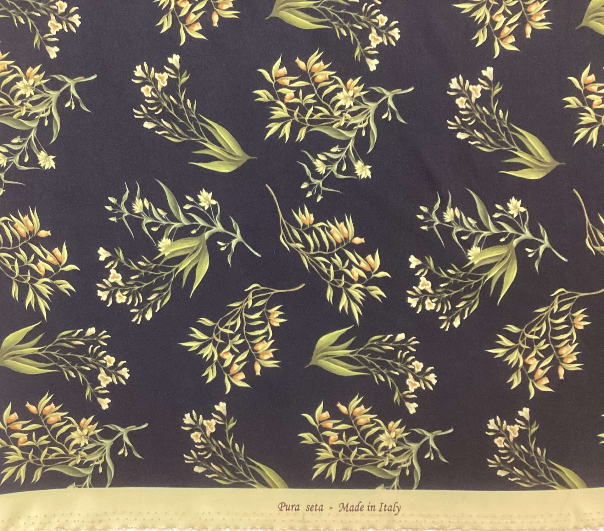 Made In Italy 100% Silk Crepe De Chine Floral Printed In Green/Yellow on Black Ground 