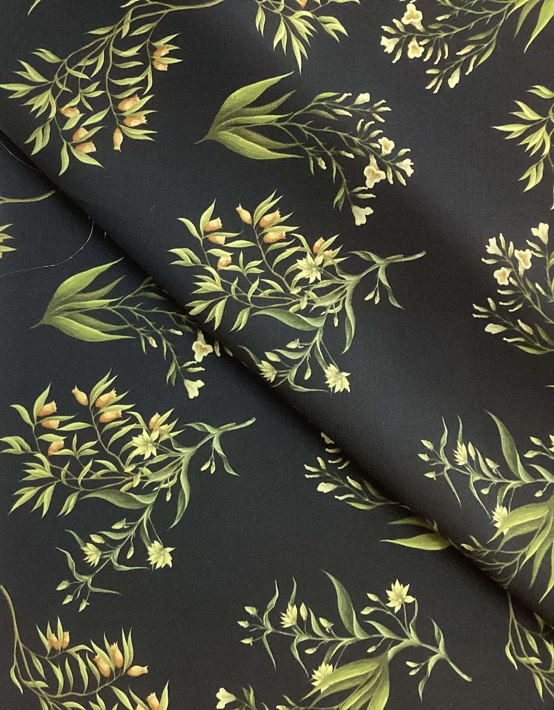 Made In Italy 100% Silk Crepe De Chine Floral Printed In Green/Yellow on Black Ground 