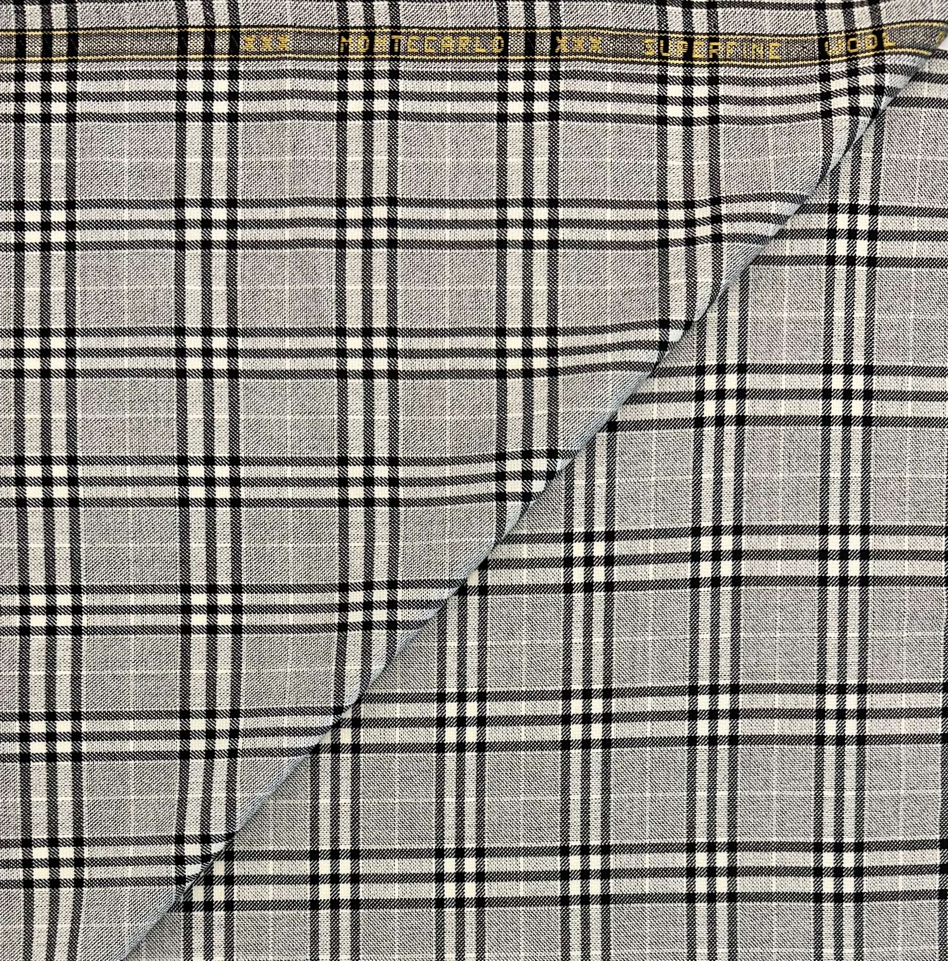 Italian Superfine Wool and Silk Plaid Jacketing in Graphite Black Off White