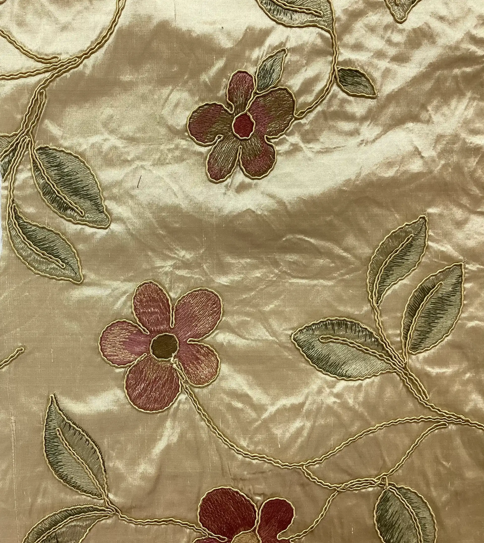 Silk Shantung with Embroidered and Soutachéd Flowers In Light Golden Background 