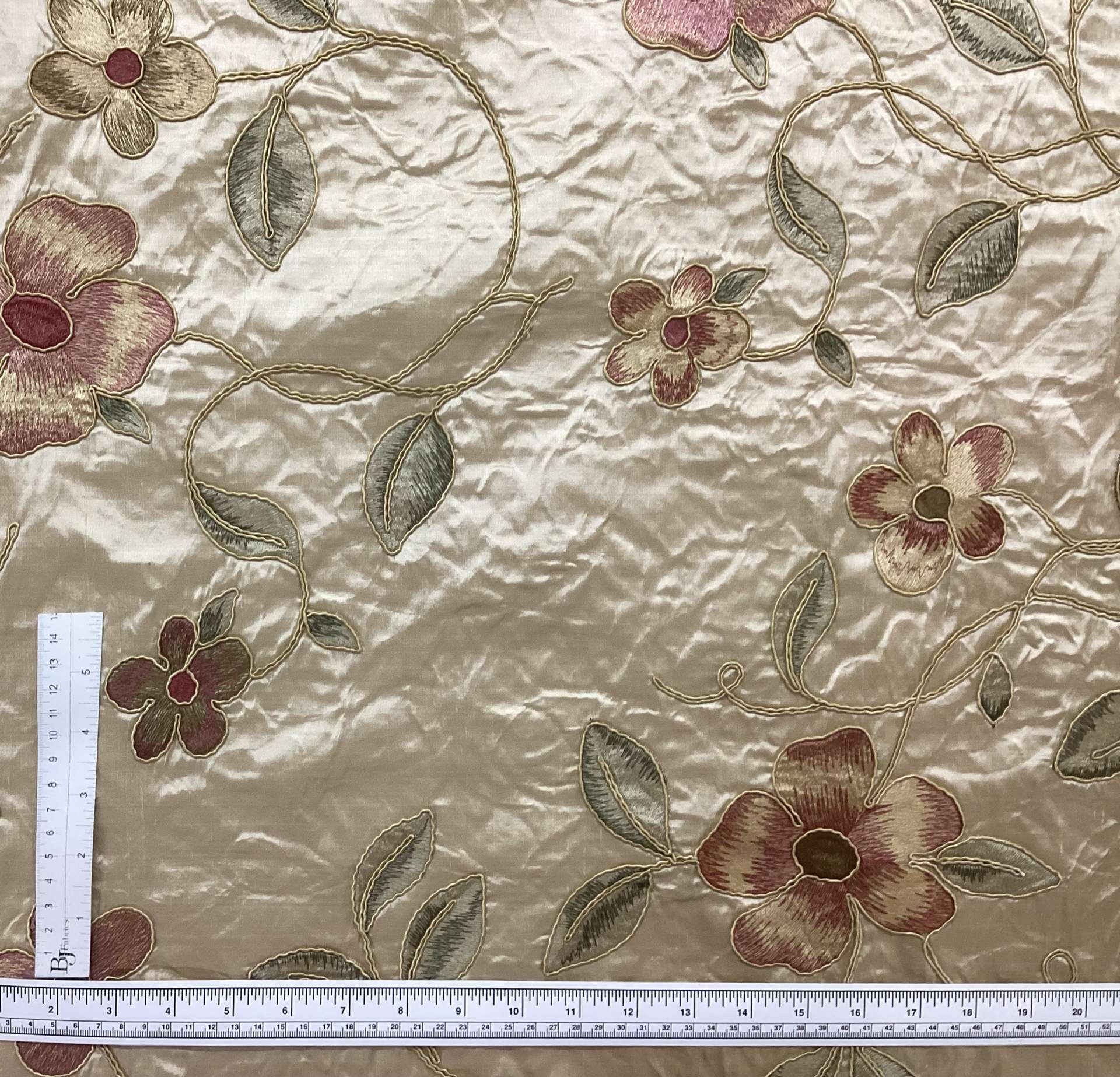Silk Shantung with Embroidered and Soutachéd Flowers In Light Golden Background 