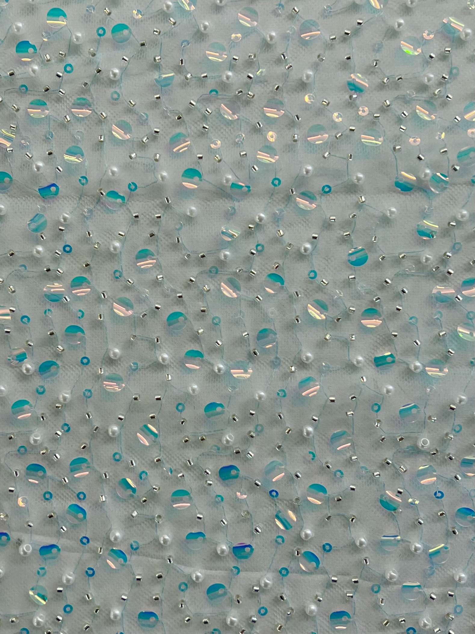 Opalescent Sequined Beaded Tulle in Turquoise 