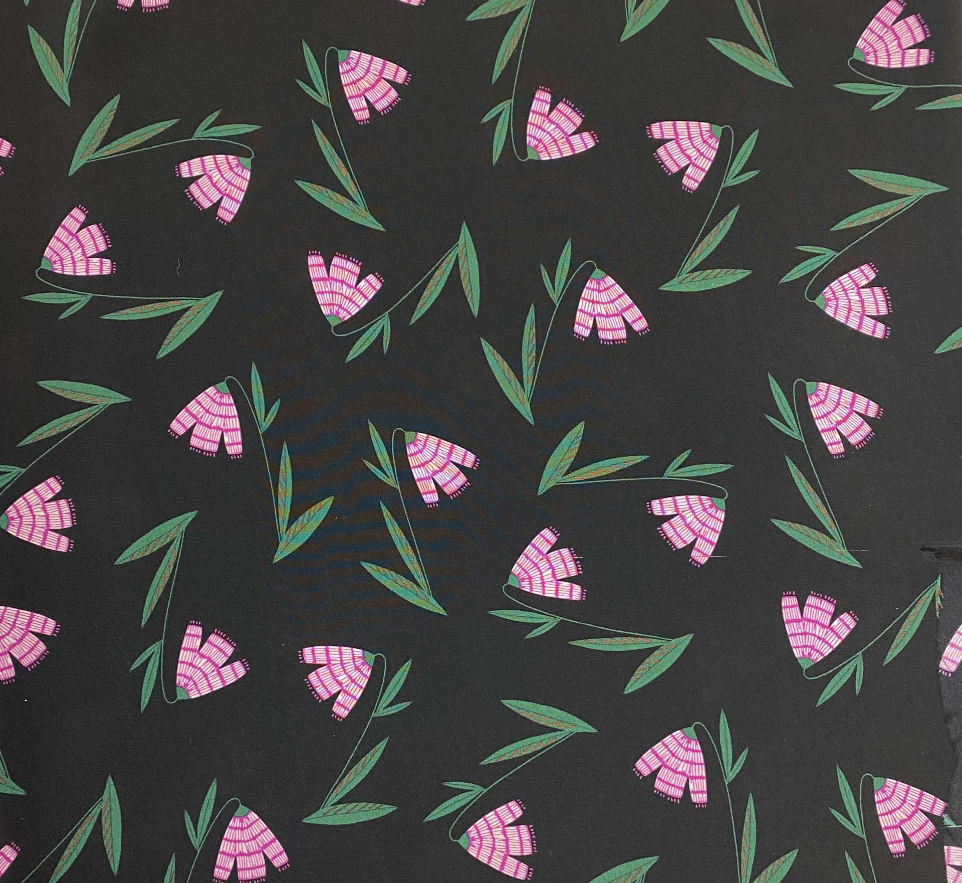 Italian Silk Crepe de Chine Floral in Black Magenta 