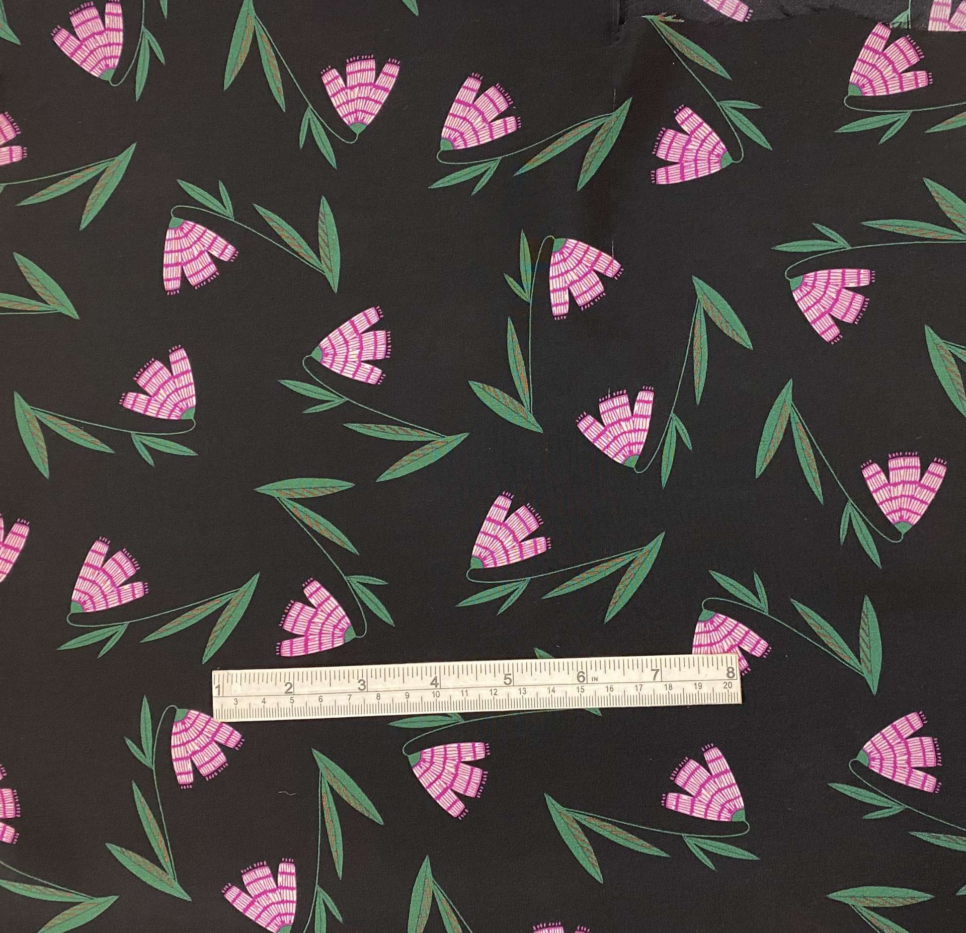 Italian Silk Crepe de Chine Floral in Black Magenta 